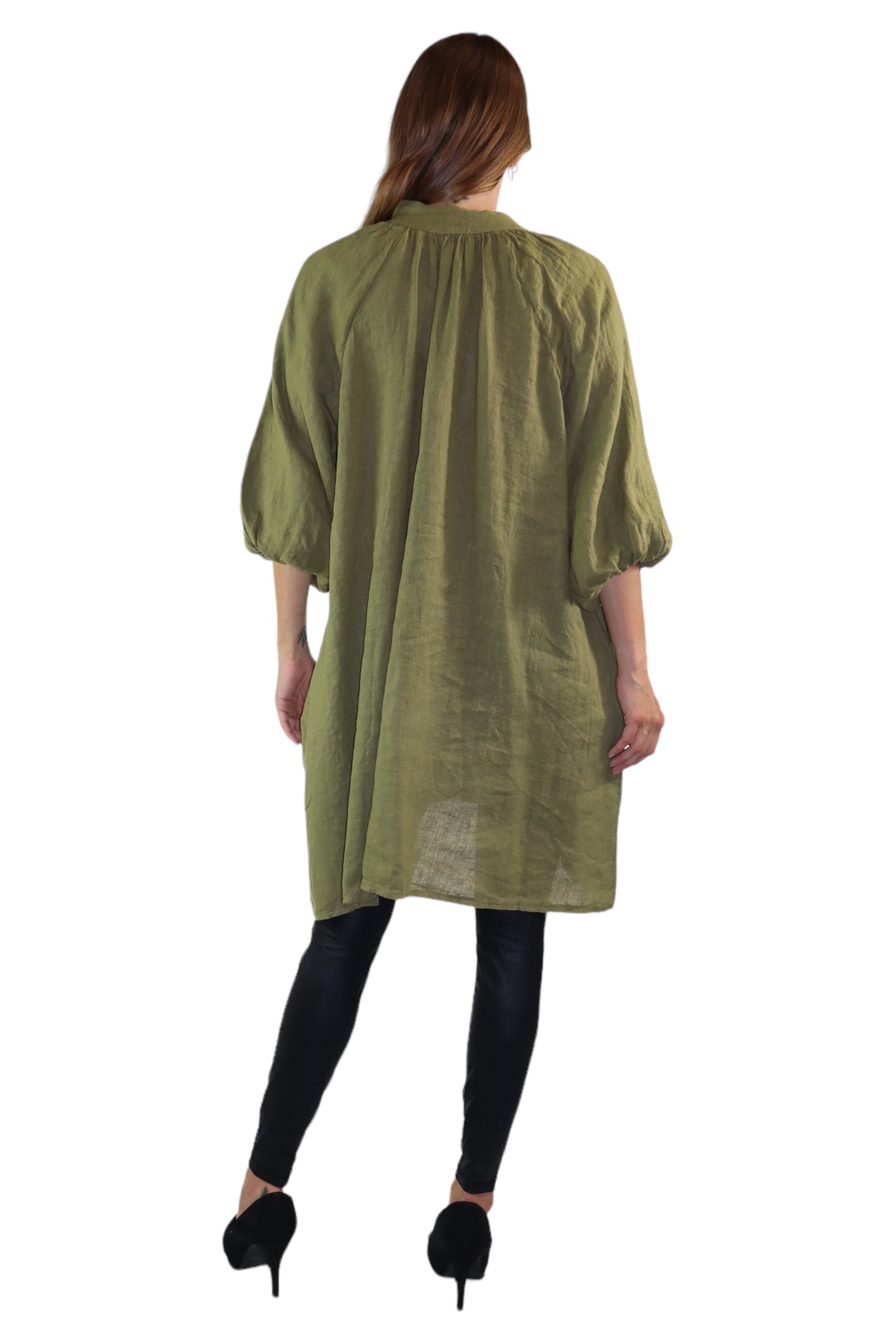 Womens 100% Linen Puff Sleeved V Neck Tunic Blouse Top w/Side Pockets | One Size Fits All (Small-2X)
