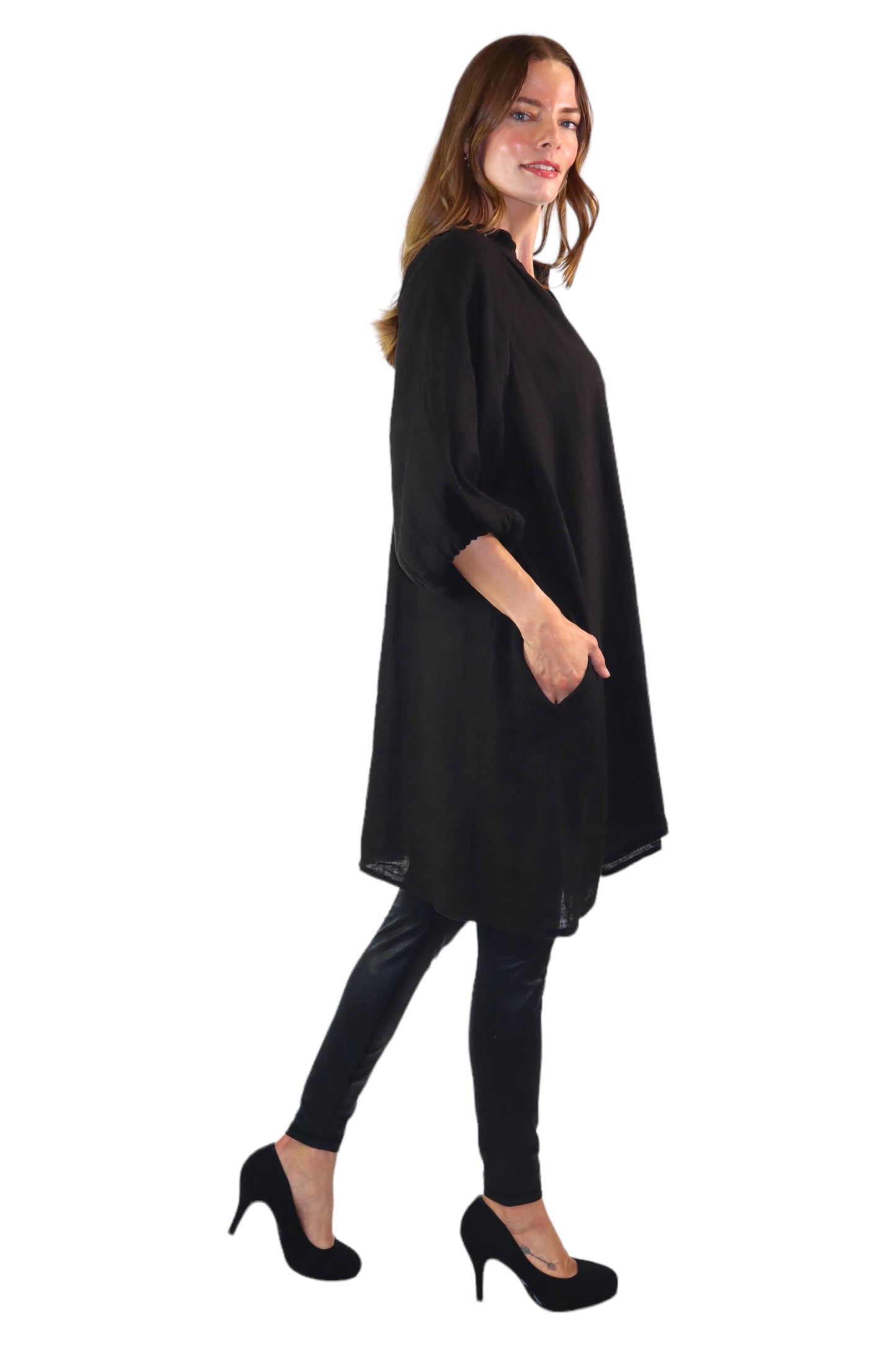 Womens 100% Linen Puff Sleeved V Neck Tunic Blouse Top w/Side Pockets | One Size Fits All (Small-2X)