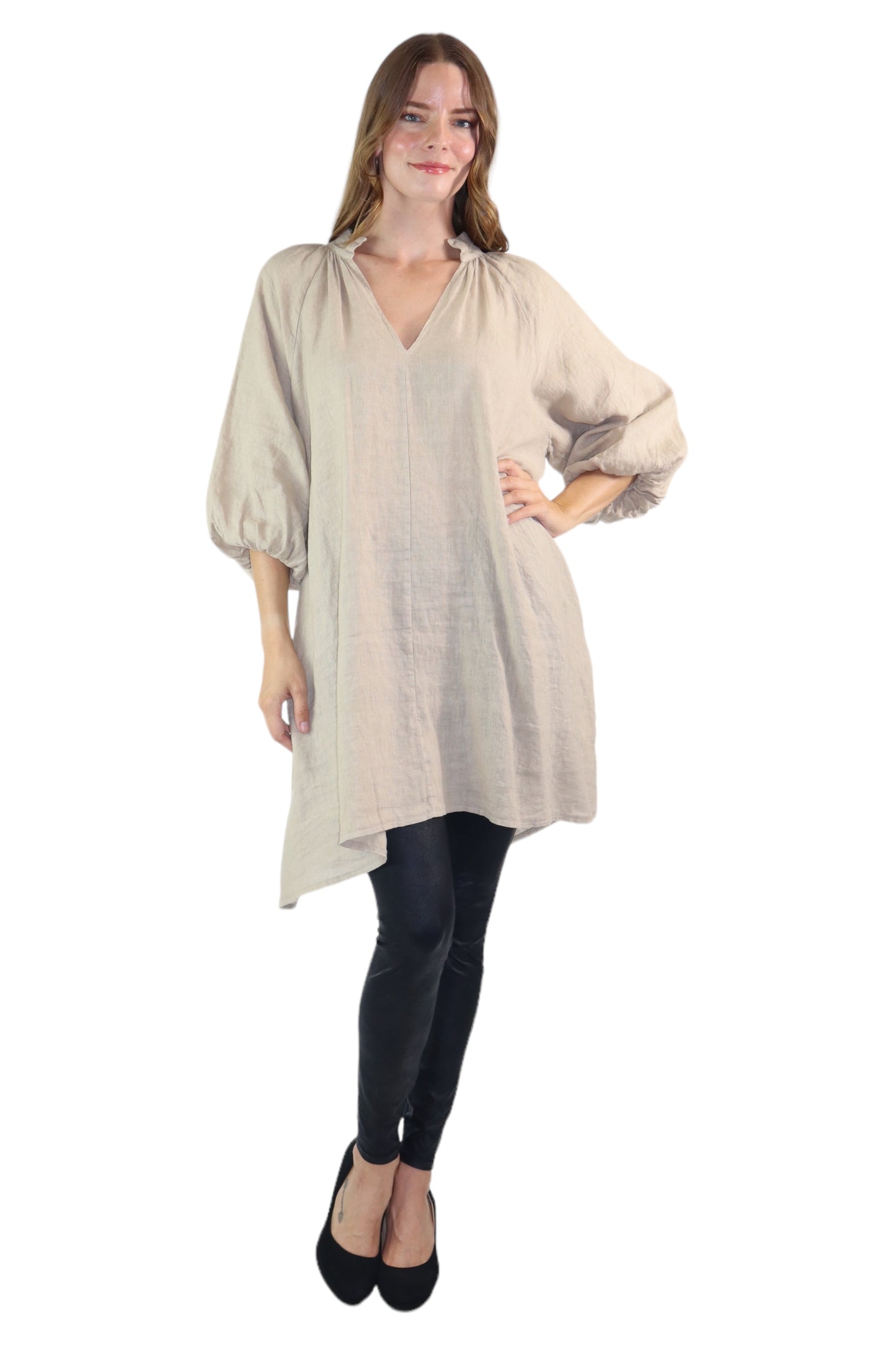 Womens 100% Linen Puff Sleeved V Neck Tunic Blouse Top w/Side Pockets | One Size Fits All (Small-2X)