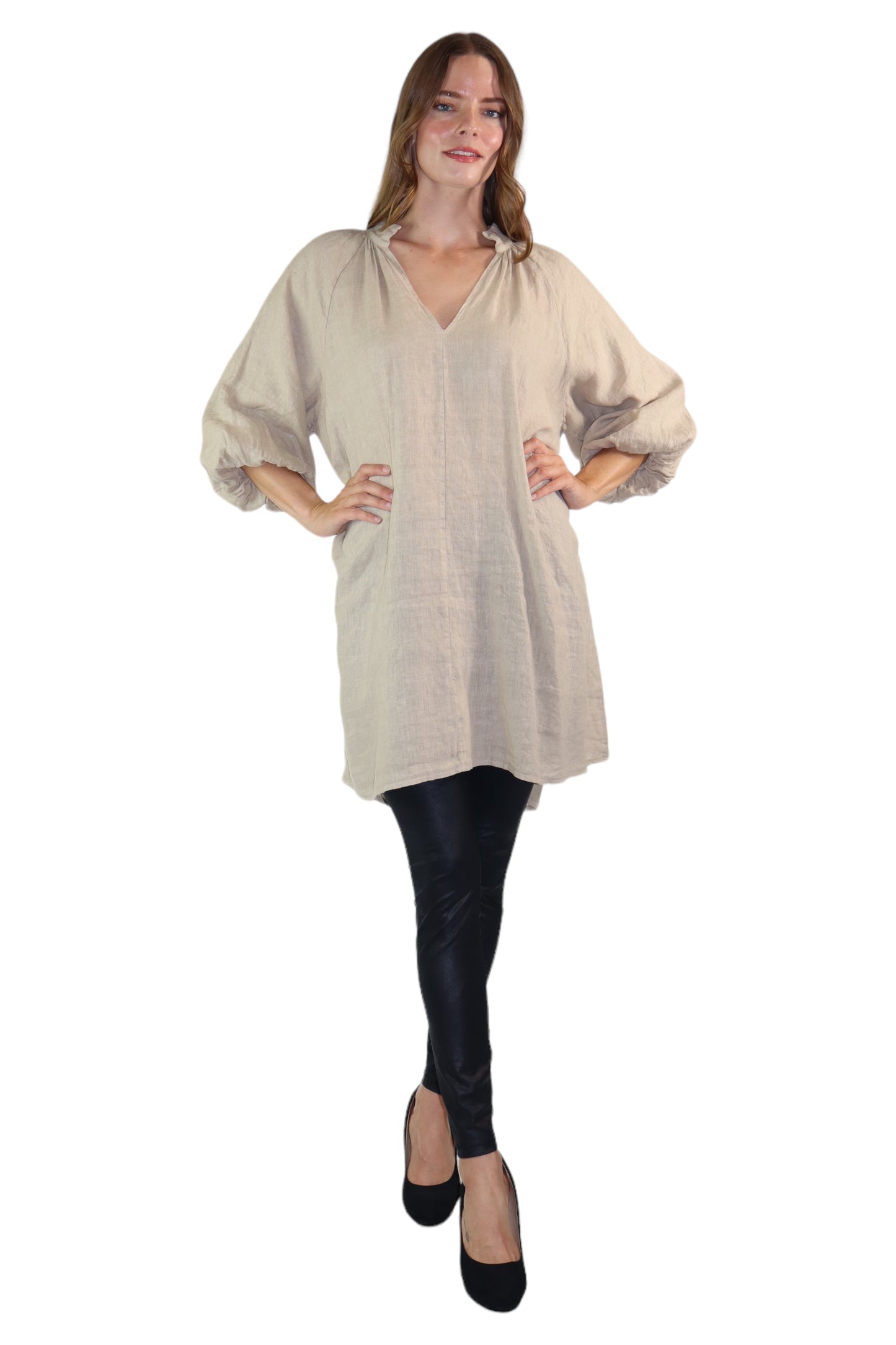 Womens 100% Linen Puff Sleeved V Neck Tunic Blouse Top w/Side Pockets | One Size Fits All (Small-2X)