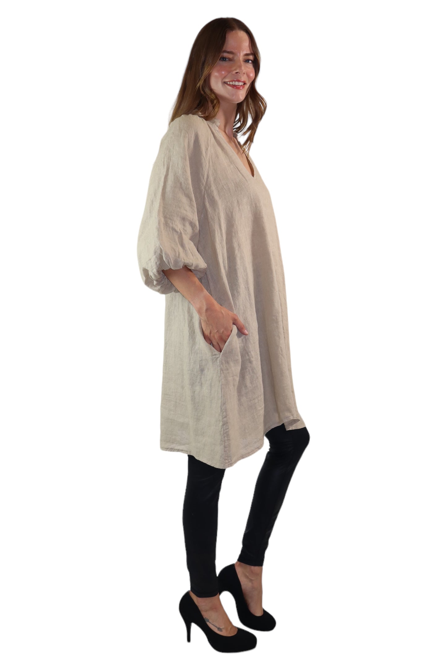 Womens 100% Linen Puff Sleeved V Neck Tunic Blouse Top w/Side Pockets | One Size Fits All (Small-2X)