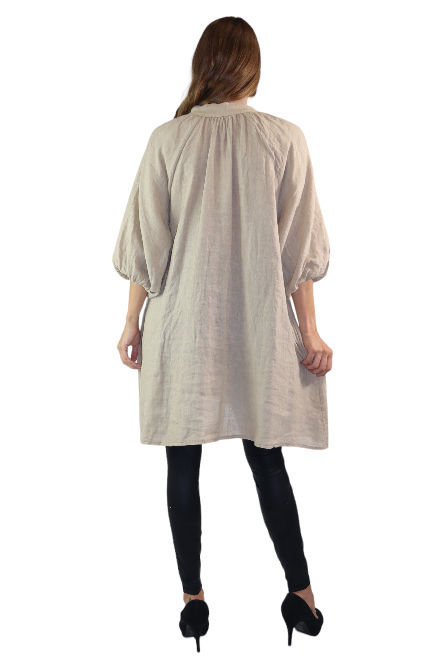 Womens 100% Linen Puff Sleeved V Neck Tunic Blouse Top w/Side Pockets | One Size Fits All (Small-2X)