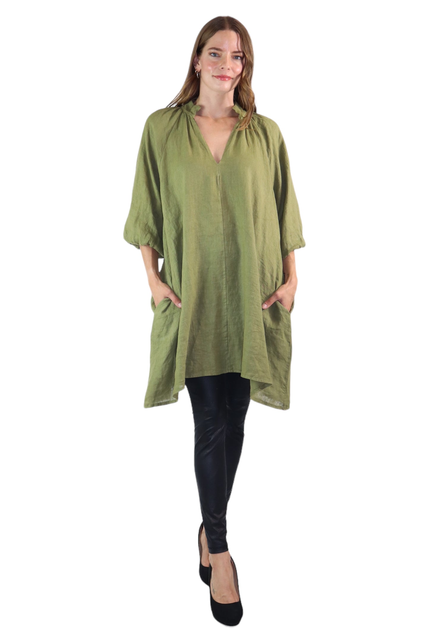 Womens 100% Linen Puff Sleeved V Neck Tunic Blouse Top w/Side Pockets | One Size Fits All (Small-2X)