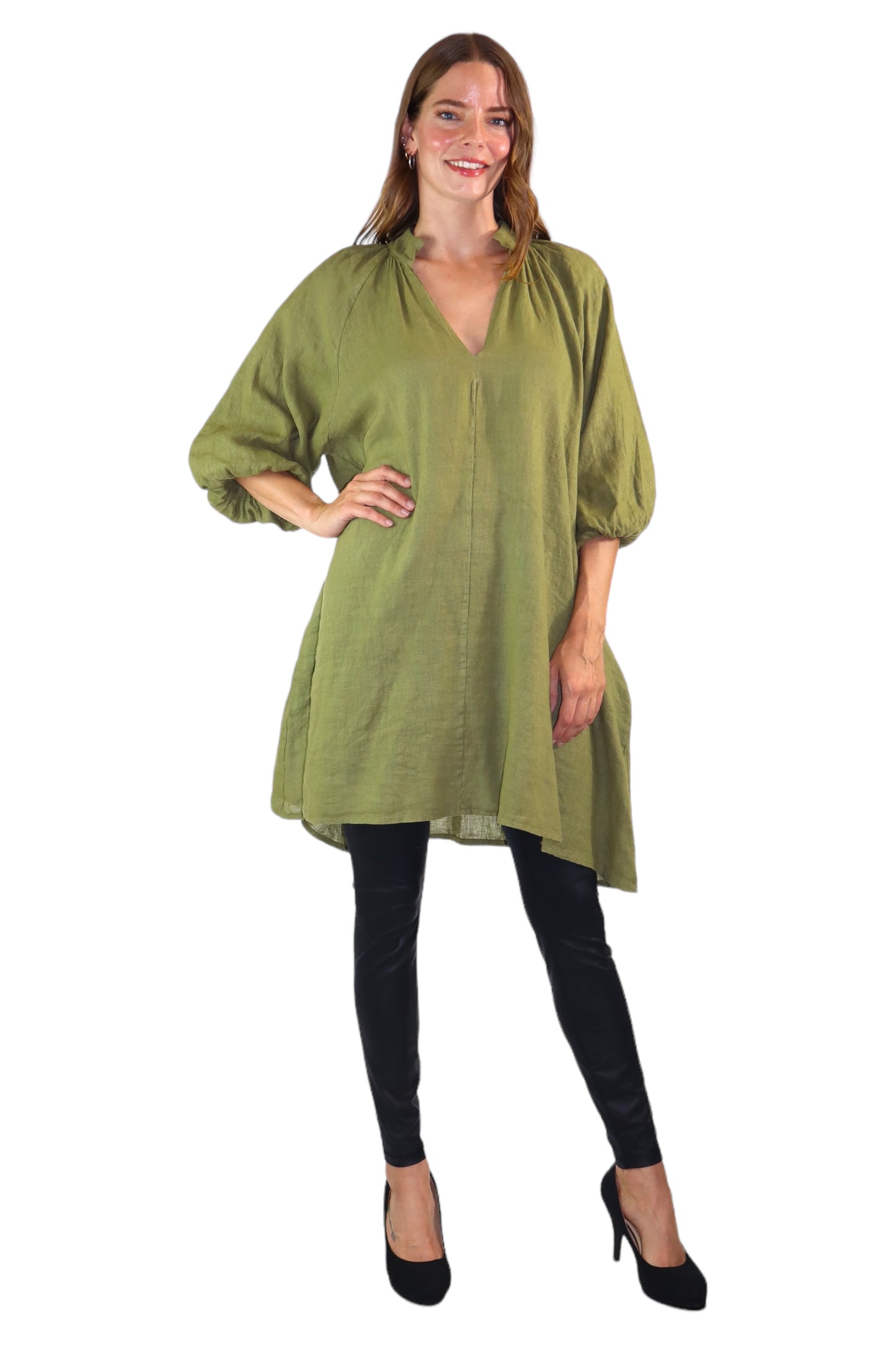 Womens 100% Linen Puff Sleeved V Neck Tunic Blouse Top w/Side Pockets | One Size Fits All (Small-2X)