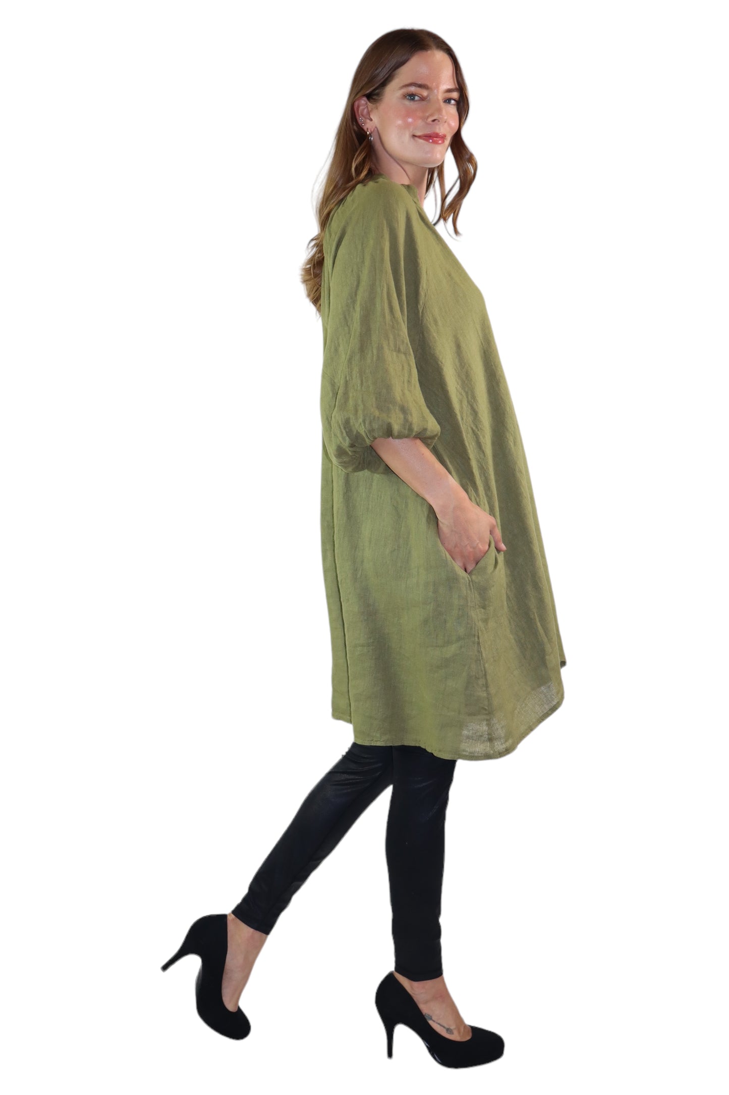 Womens 100% Linen Puff Sleeved V Neck Tunic Blouse Top w/Side Pockets | One Size Fits All (Small-2X)