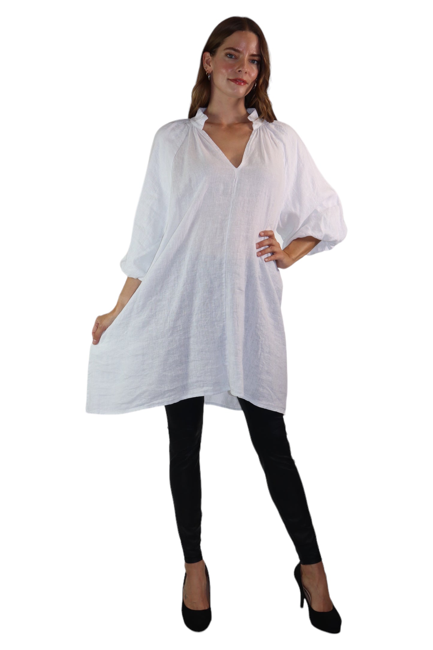 Womens 100% Linen Puff Sleeved V Neck Tunic Blouse Top w/Side Pockets | One Size Fits All (Small-2X)