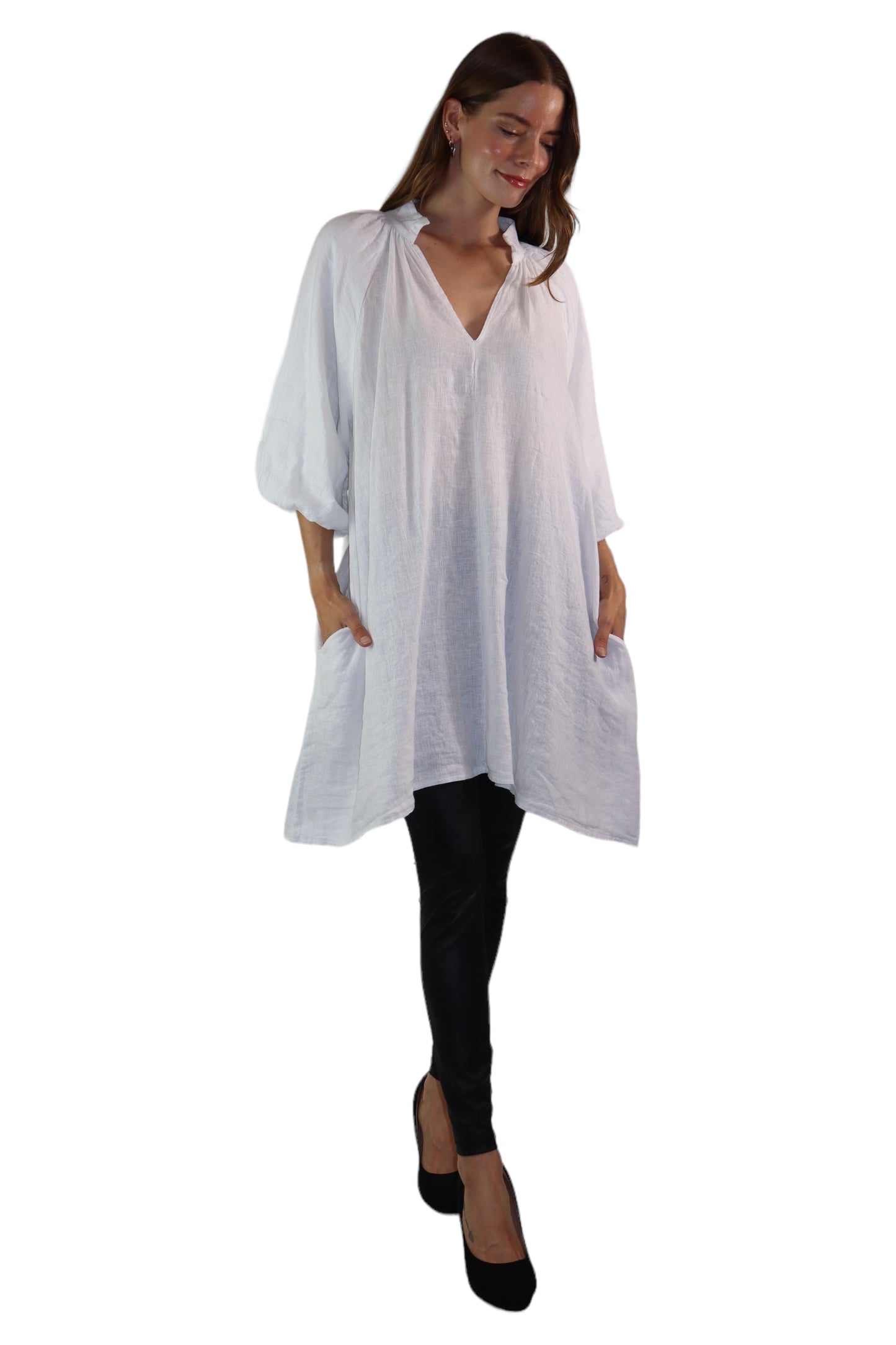 Womens 100% Linen Puff Sleeved V Neck Tunic Blouse Top w/Side Pockets | One Size Fits All (Small-2X)