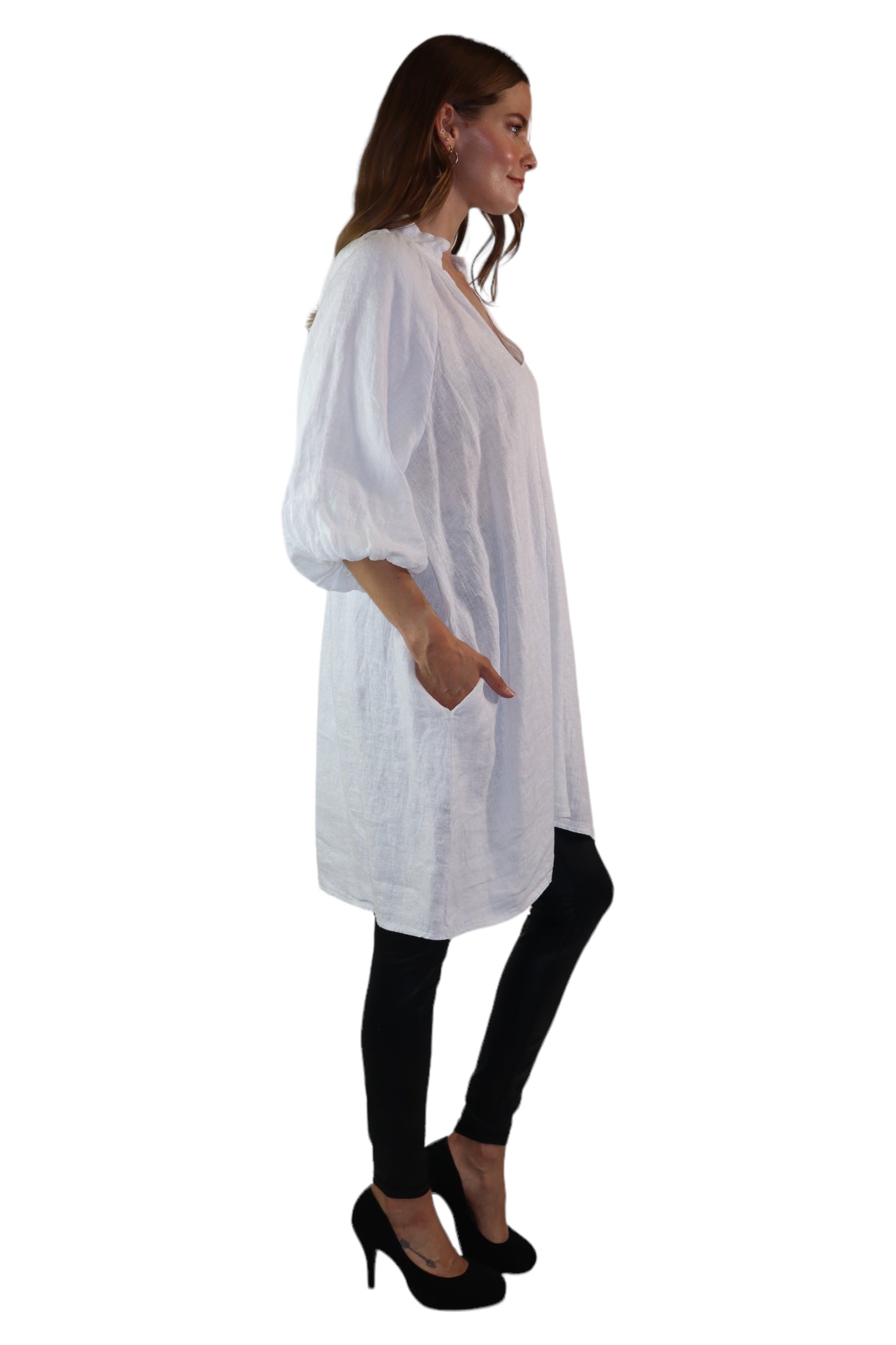 Womens 100% Linen Puff Sleeved V Neck Tunic Blouse Top w/Side Pockets | One Size Fits All (Small-2X)
