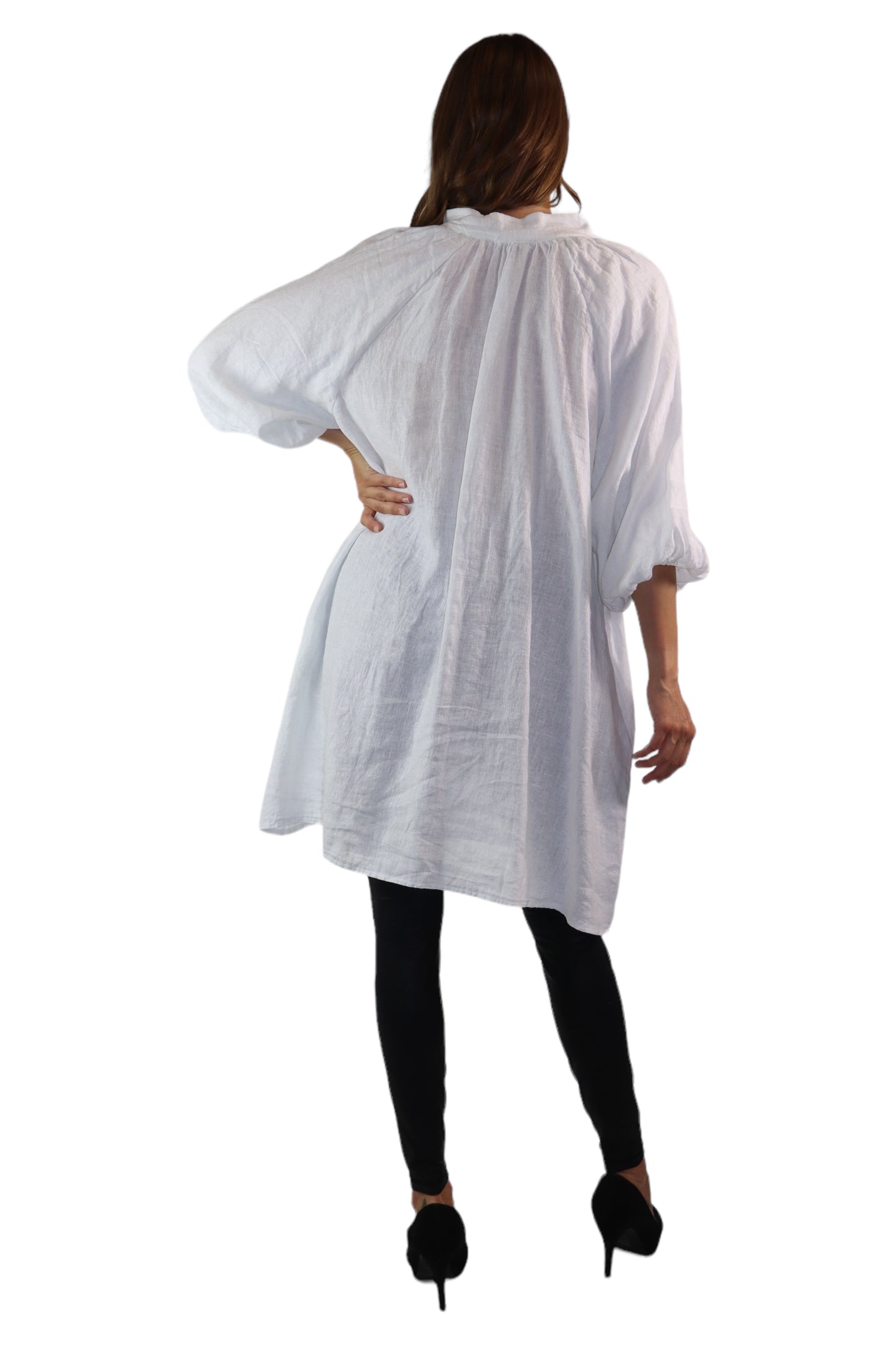 Womens 100% Linen Puff Sleeved V Neck Tunic Blouse Top w/Side Pockets | One Size Fits All (Small-2X)