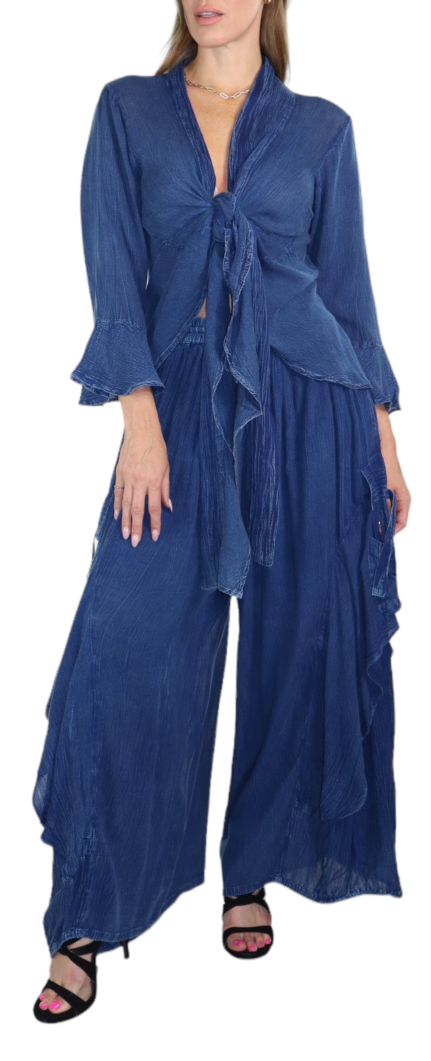 Women's Boho 2 Piece Linen Wrap Up Jumpsuit + Pants Set | Regular and Plus Sizes