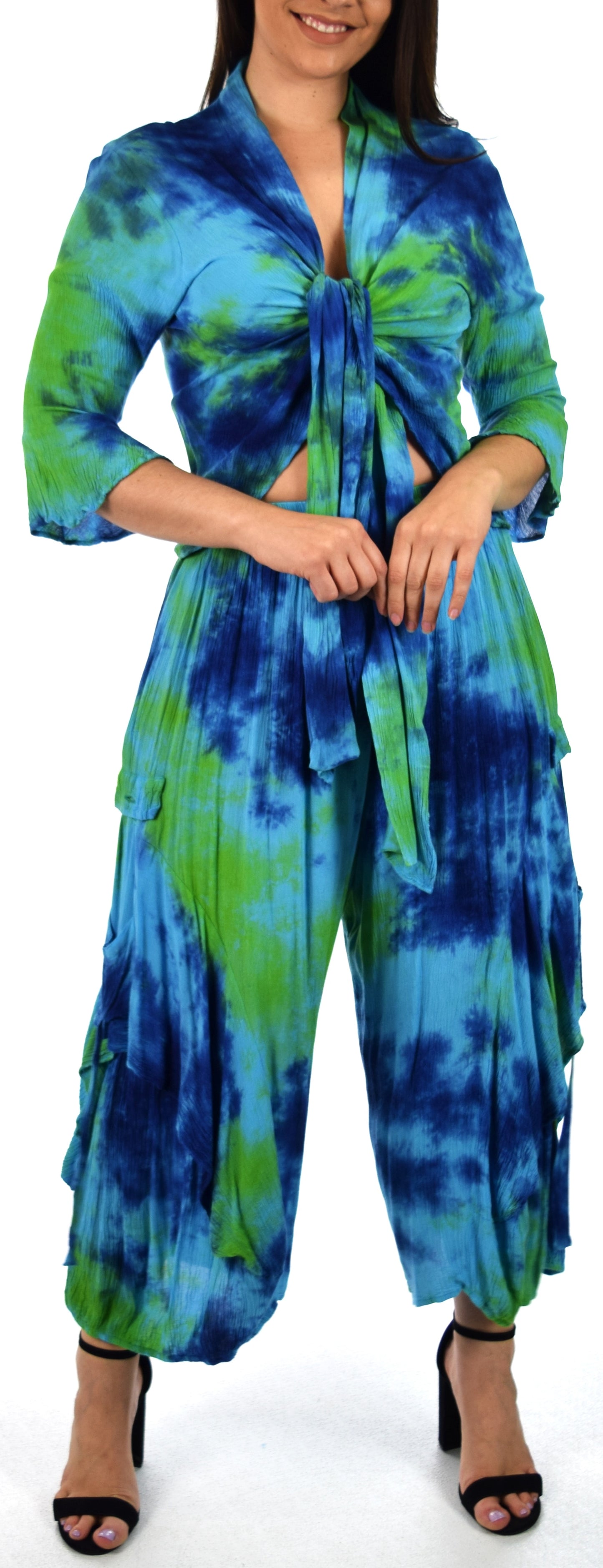 Women's Boho 2 Piece Linen Wrap Up Jumpsuit + Pants Set | Regular and Plus Sizes
