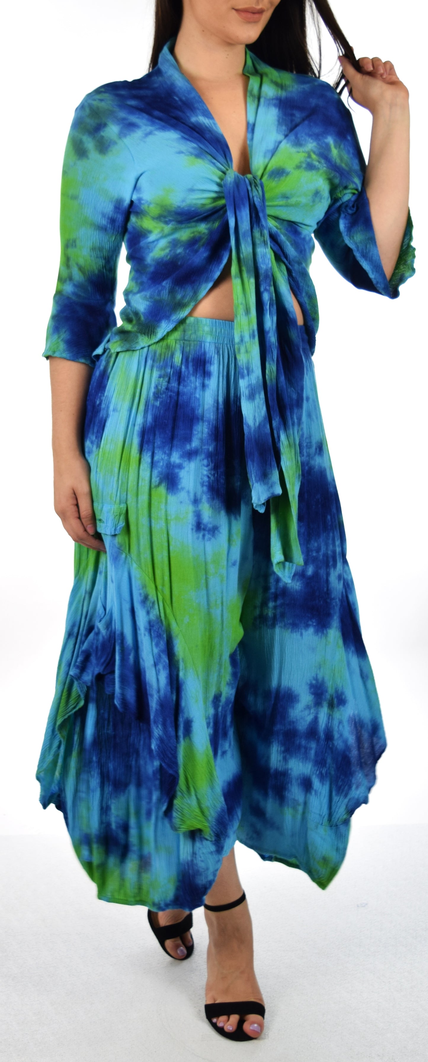 Women's Boho 2 Piece Linen Wrap Up Jumpsuit + Pants Set | Regular and Plus Sizes