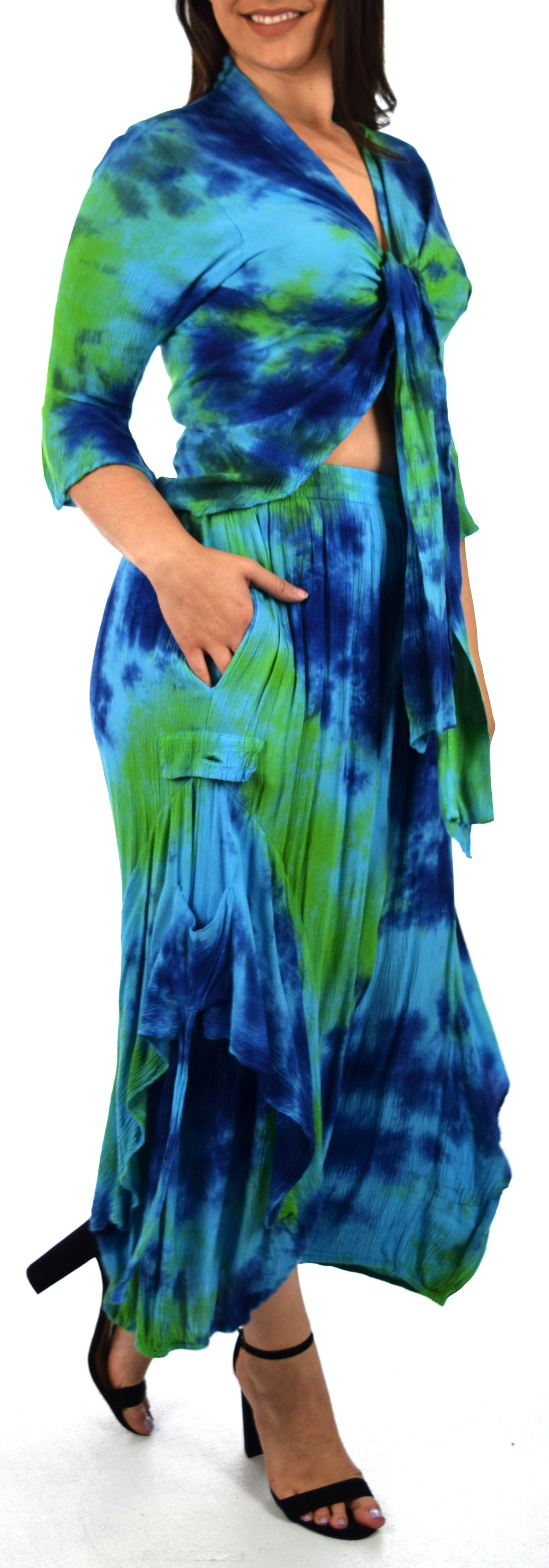 Women's Boho 2 Piece Linen Wrap Up Jumpsuit + Pants Set | Regular and Plus Sizes