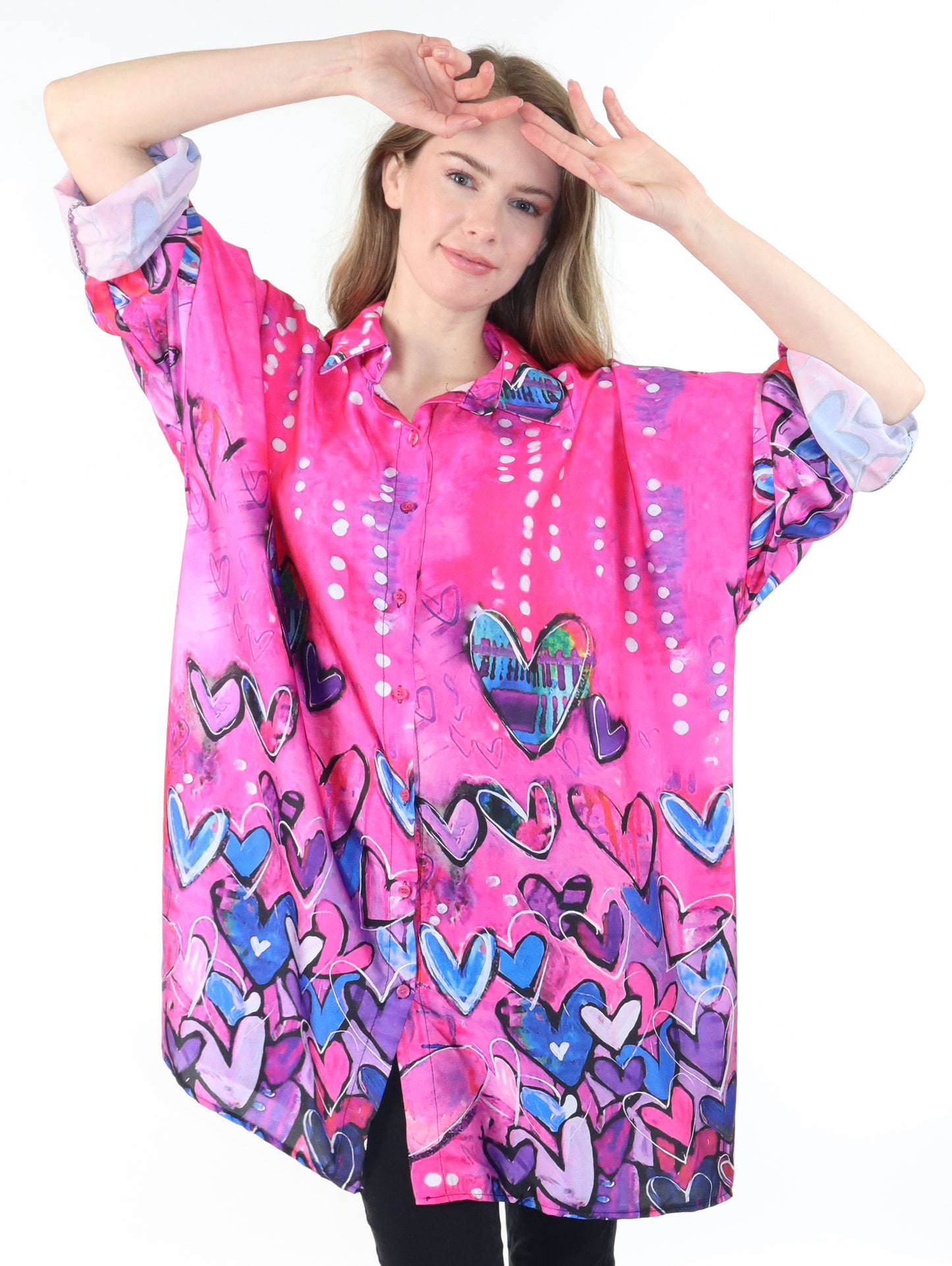 Womens Oversized Baggy Button Down Digital Heart Print Shirt Blouse Tunic Top with Collar | One Size Fits All