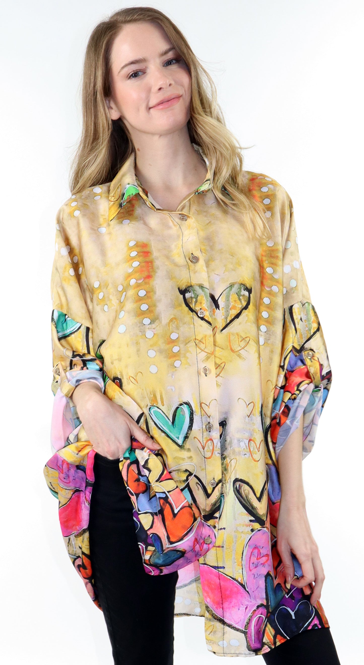 Womens Oversized Baggy Button Down Digital Heart Print Shirt Blouse Tunic Top with Collar | One Size Fits All