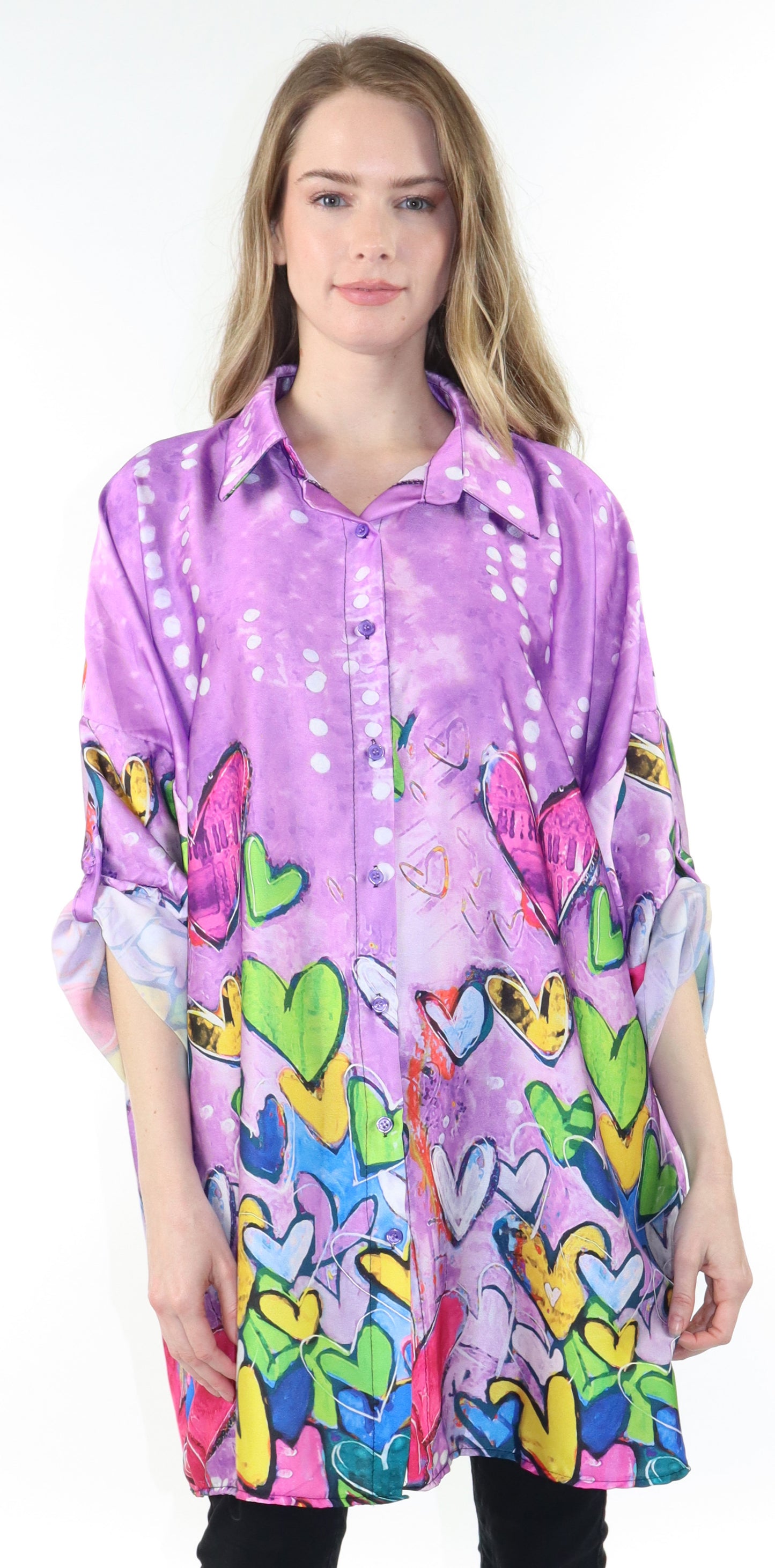 Womens Oversized Baggy Button Down Digital Heart Print Shirt Blouse Tunic Top with Collar | One Size Fits All