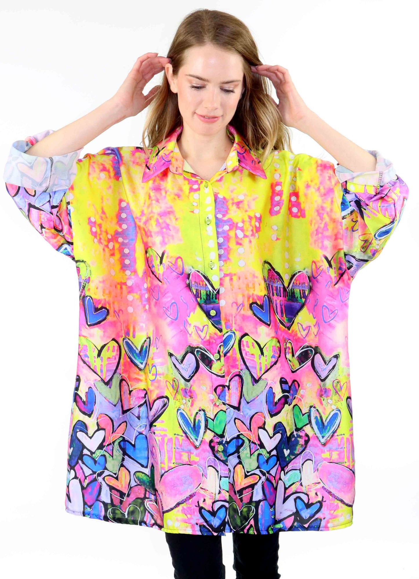Womens Oversized Baggy Button Down Digital Heart Print Shirt Blouse Tunic Top with Collar | One Size Fits All