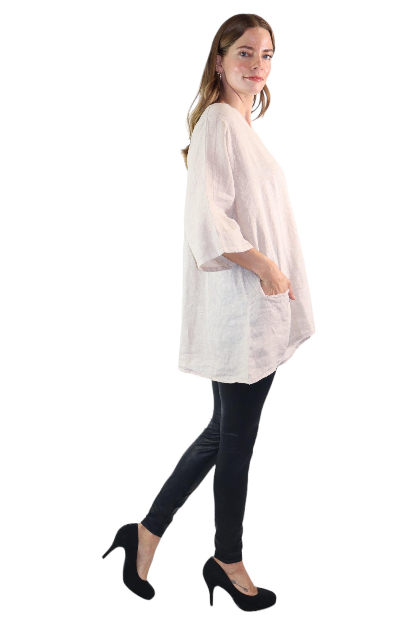 Womens 100% Linen Loose Fitting Bohemian Tunic Top with 3/4 Sleeves and Front Pockets | One Size Fits all (S-2X)