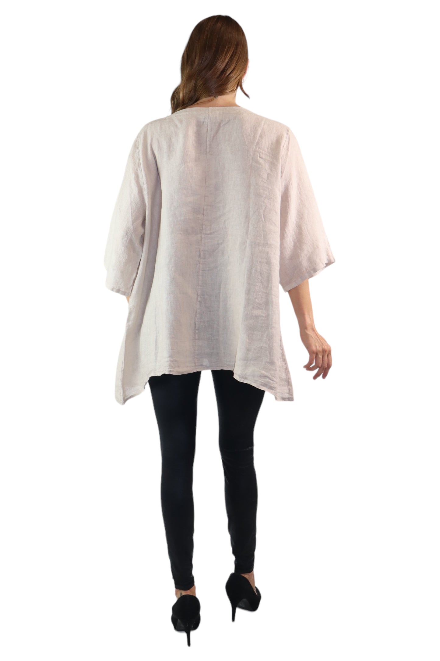 Womens 100% Linen Loose Fitting Bohemian Tunic Top with 3/4 Sleeves and Front Pockets | One Size Fits all (S-2X)