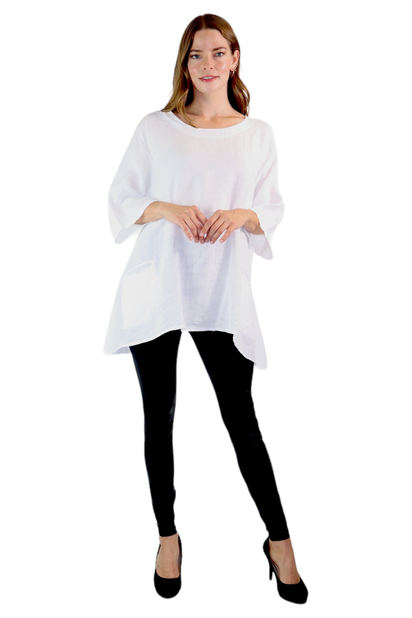 Womens 100% Linen Loose Fitting Bohemian Tunic Top with 3/4 Sleeves and Front Pockets | One Size Fits all (S-2X)