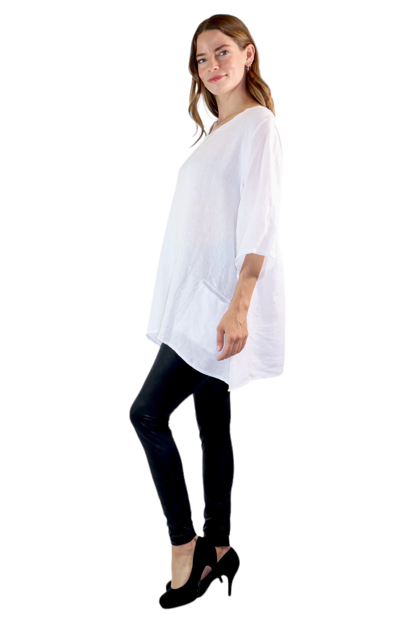 Womens 100% Linen Loose Fitting Bohemian Tunic Top with 3/4 Sleeves and Front Pockets | One Size Fits all (S-2X)