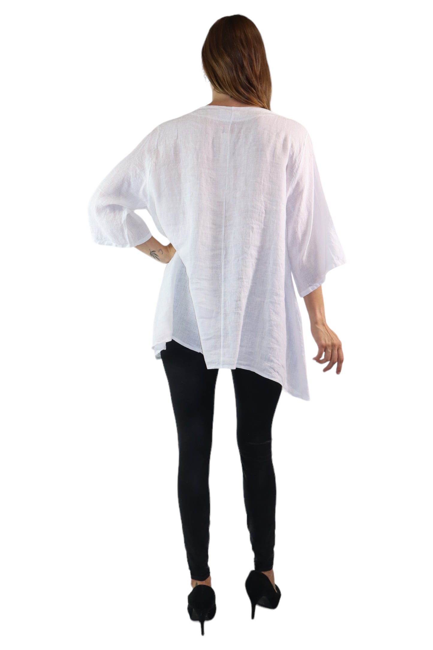 Womens 100% Linen Loose Fitting Bohemian Tunic Top with 3/4 Sleeves and Front Pockets | One Size Fits all (S-2X)