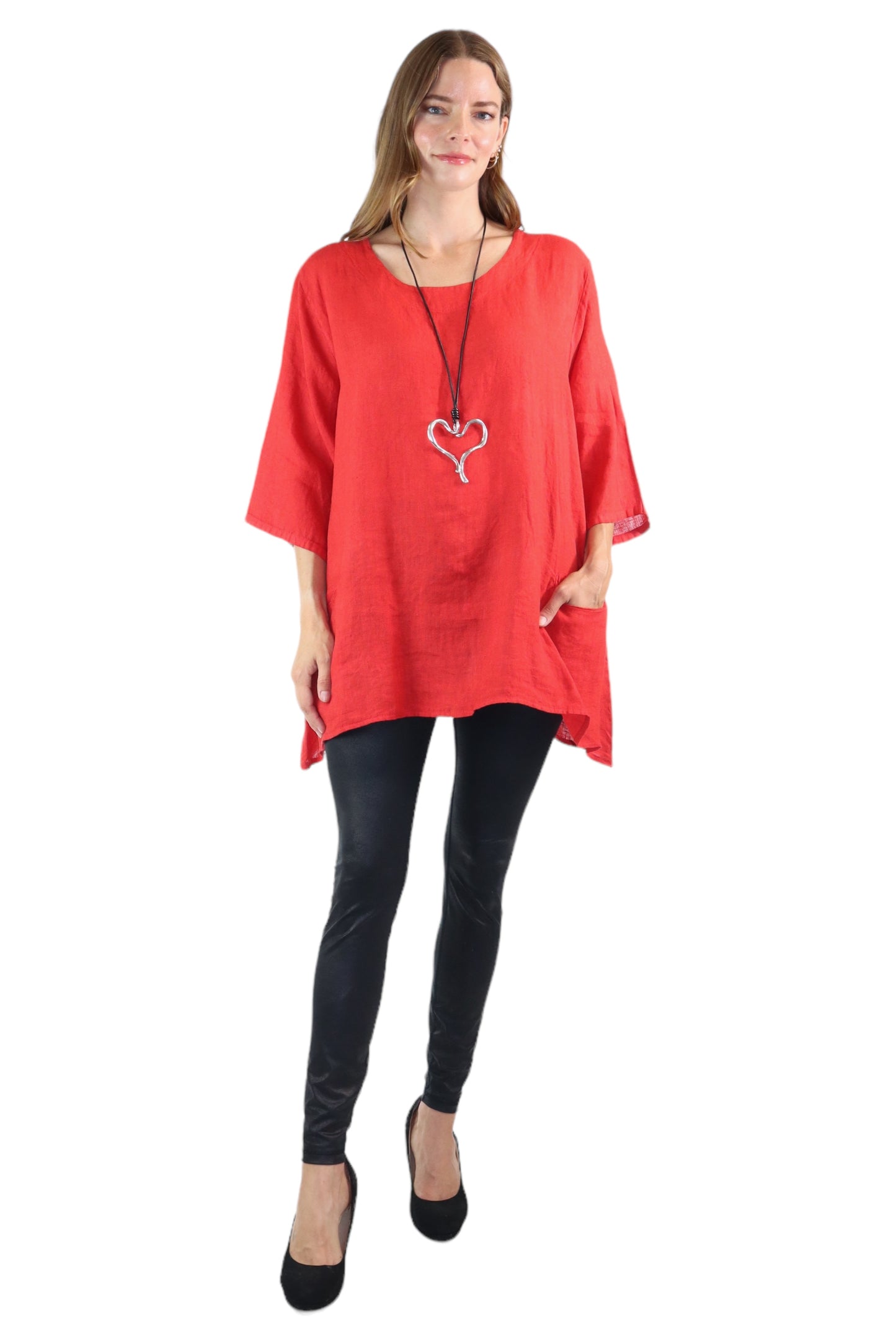 Womens 100% Linen Loose Fitting Bohemian Tunic Top with 3/4 Sleeves and Front Pockets | One Size Fits all (S-2X)