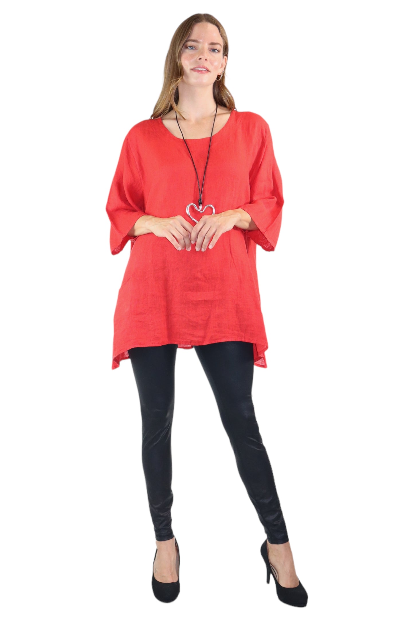 Womens 100% Linen Loose Fitting Bohemian Tunic Top with 3/4 Sleeves and Front Pockets | One Size Fits all (S-2X)