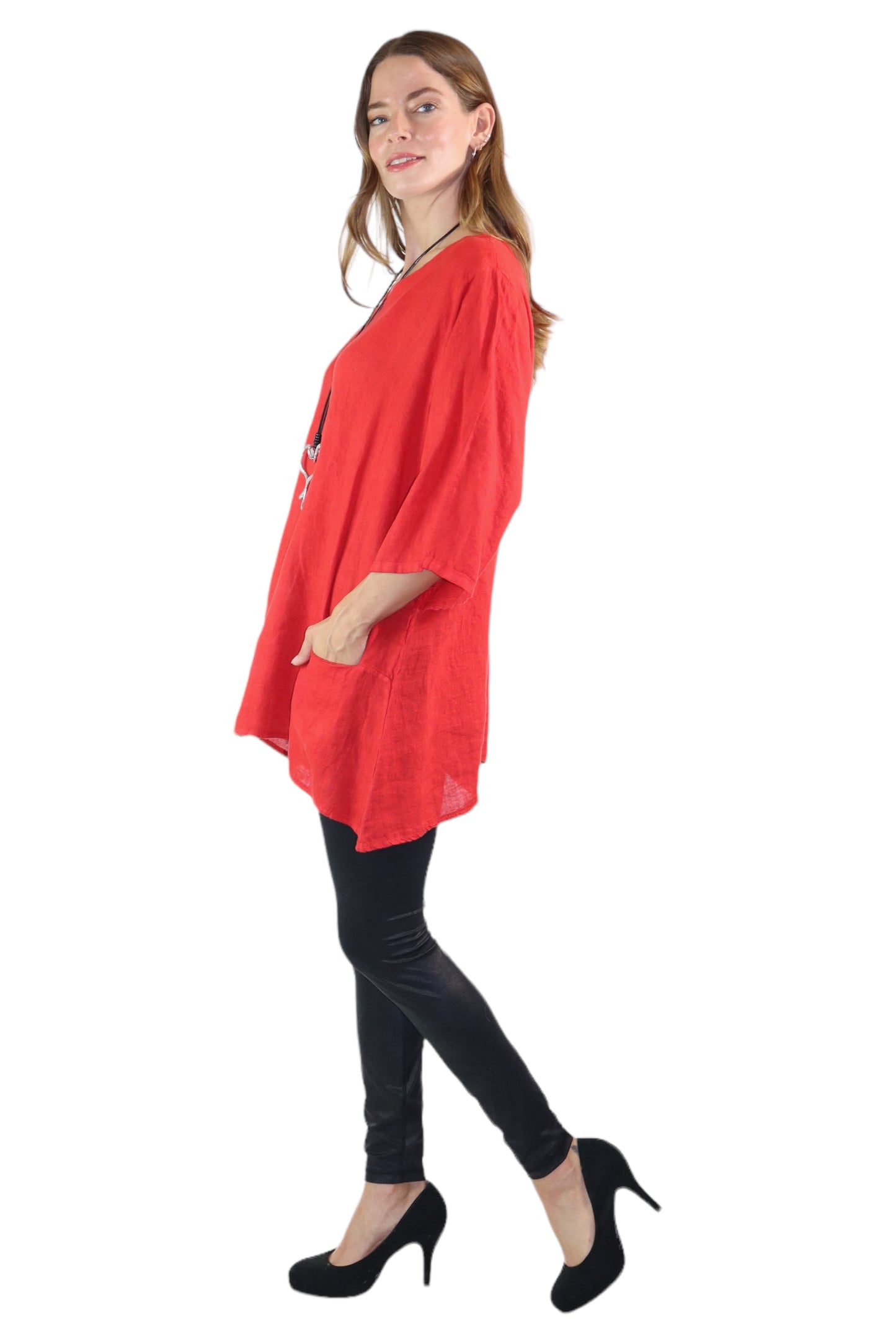 Womens 100% Linen Loose Fitting Bohemian Tunic Top with 3/4 Sleeves and Front Pockets | One Size Fits all (S-2X)