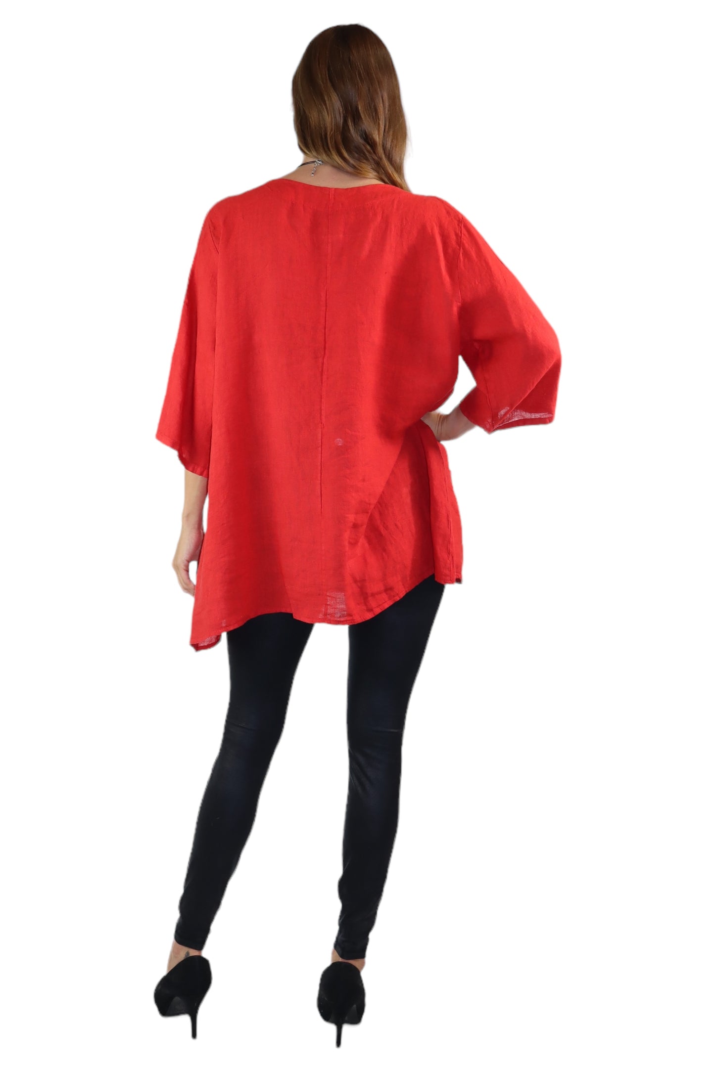 Womens 100% Linen Loose Fitting Bohemian Tunic Top with 3/4 Sleeves and Front Pockets | One Size Fits all (S-2X)
