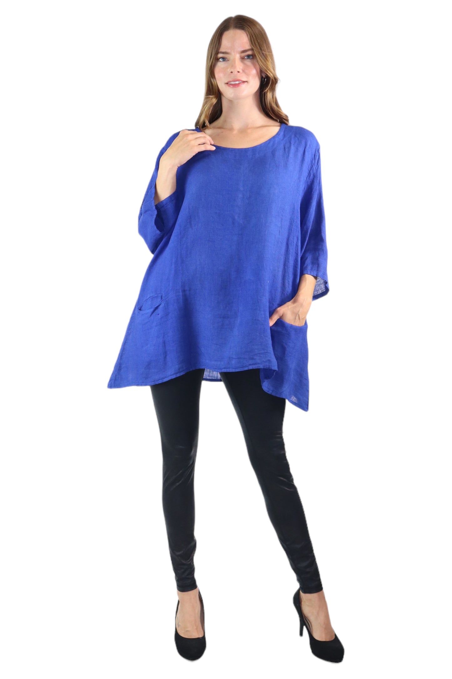 Womens 100% Linen Loose Fitting Bohemian Tunic Top with 3/4 Sleeves and Front Pockets | One Size Fits all (S-2X)