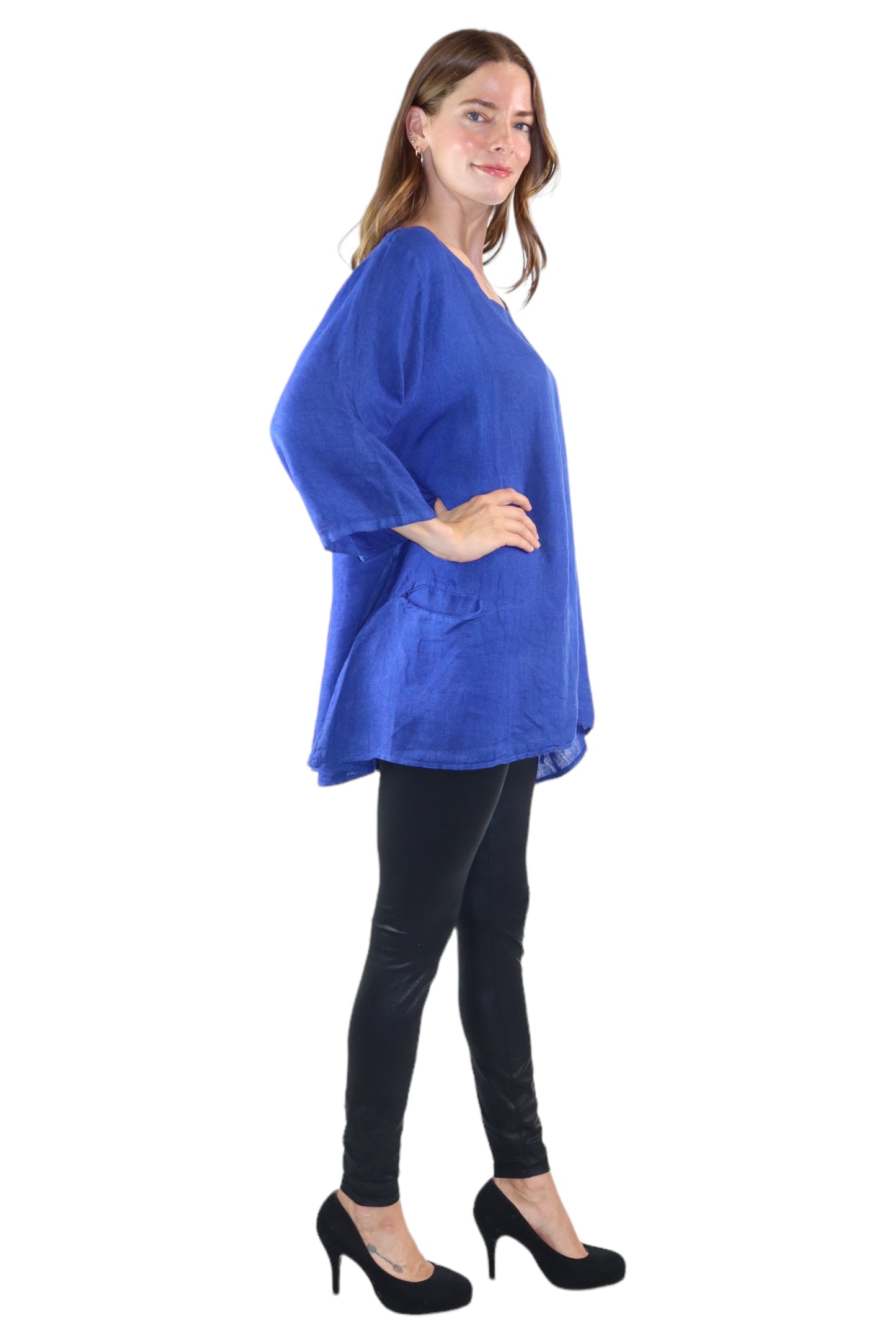 Womens 100% Linen Loose Fitting Bohemian Tunic Top with 3/4 Sleeves and Front Pockets | One Size Fits all (S-2X)