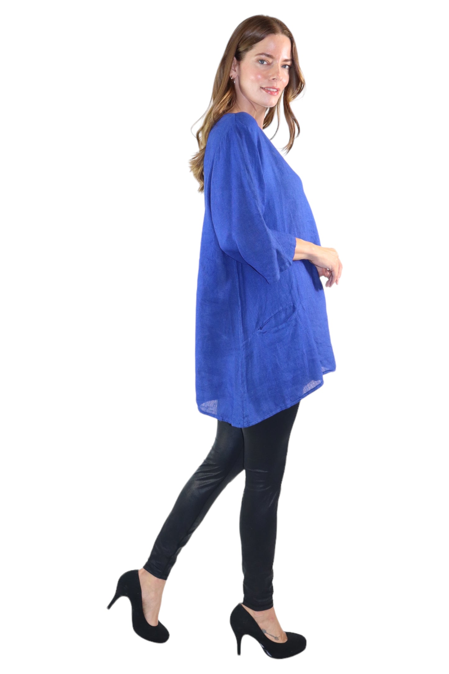Womens 100% Linen Loose Fitting Bohemian Tunic Top with 3/4 Sleeves and Front Pockets | One Size Fits all (S-2X)