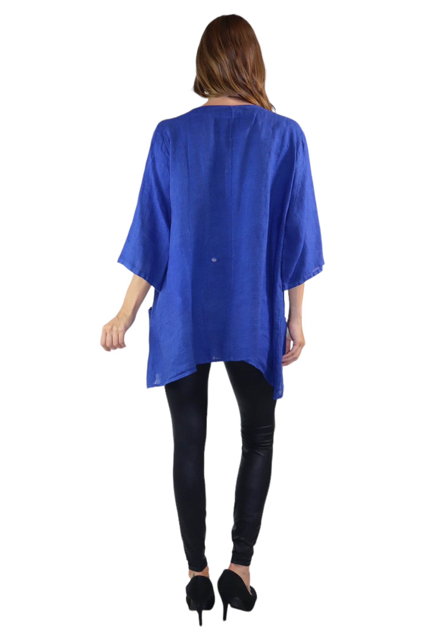 Womens 100% Linen Loose Fitting Bohemian Tunic Top with 3/4 Sleeves and Front Pockets | One Size Fits all (S-2X)