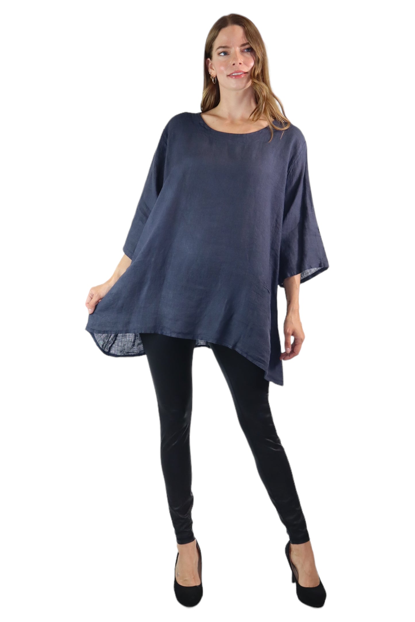 Womens 100% Linen Loose Fitting Bohemian Tunic Top with 3/4 Sleeves and Front Pockets | One Size Fits all (S-2X)