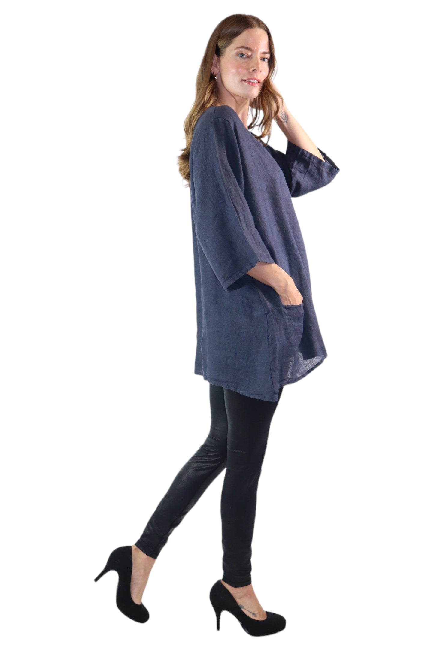 Womens 100% Linen Loose Fitting Bohemian Tunic Top with 3/4 Sleeves and Front Pockets | One Size Fits all (S-2X)