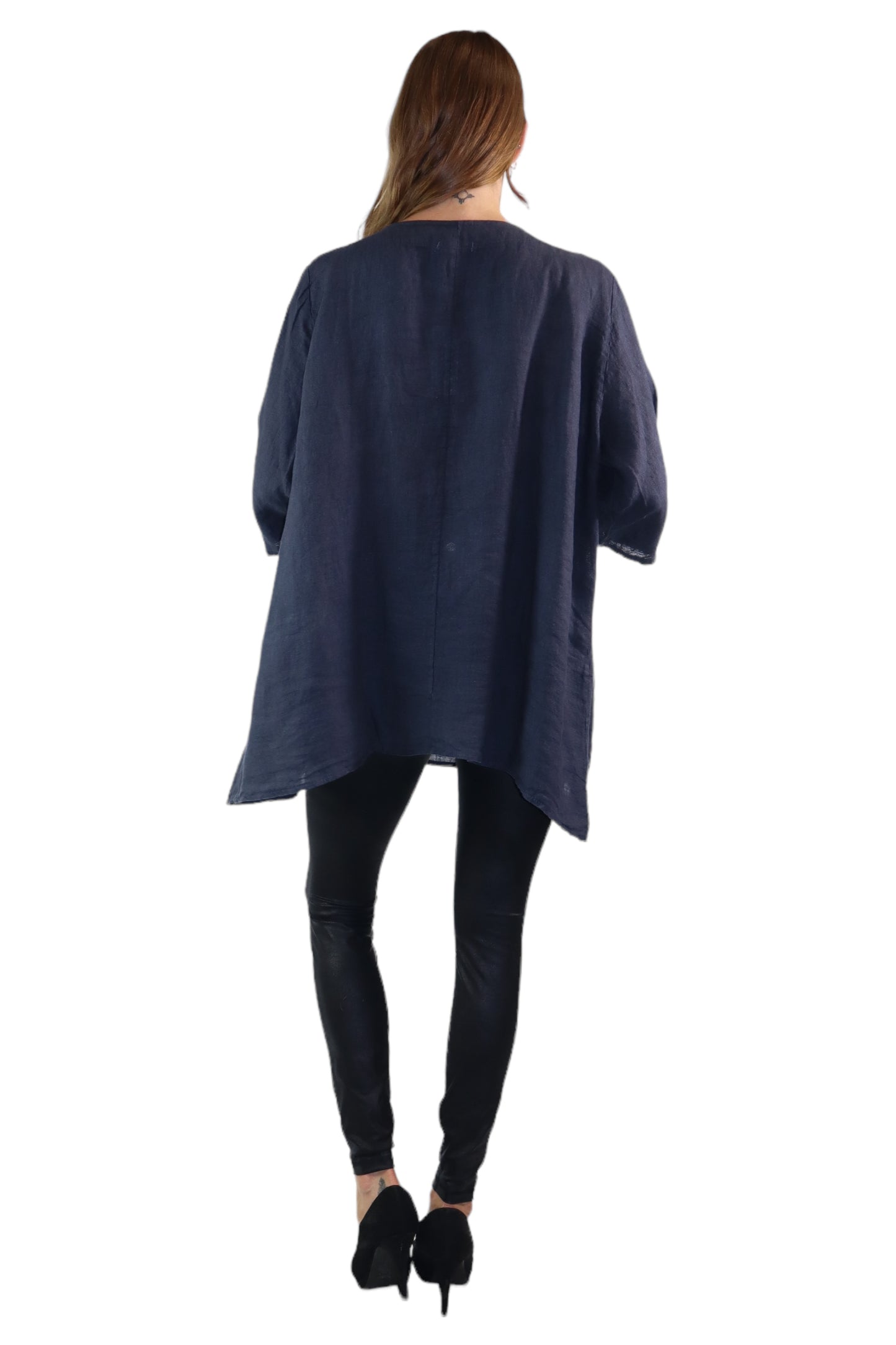 Womens 100% Linen Loose Fitting Bohemian Tunic Top with 3/4 Sleeves and Front Pockets | One Size Fits all (S-2X)