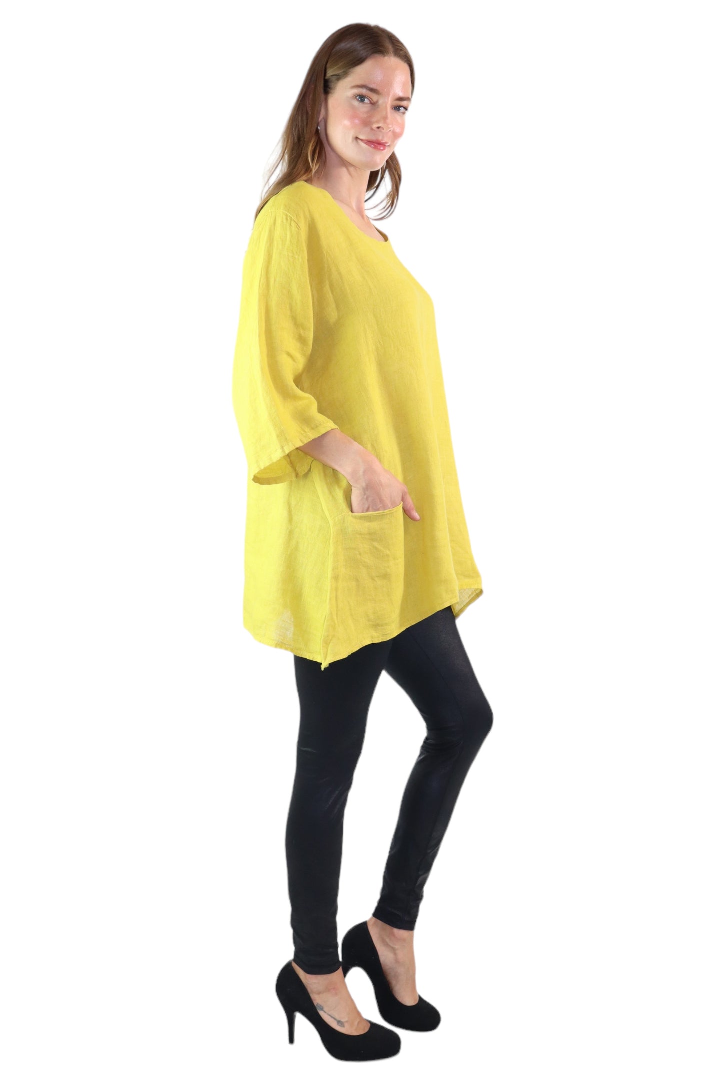 Womens 100% Linen Loose Fitting Bohemian Tunic Top with 3/4 Sleeves and Front Pockets | One Size Fits all (S-2X)