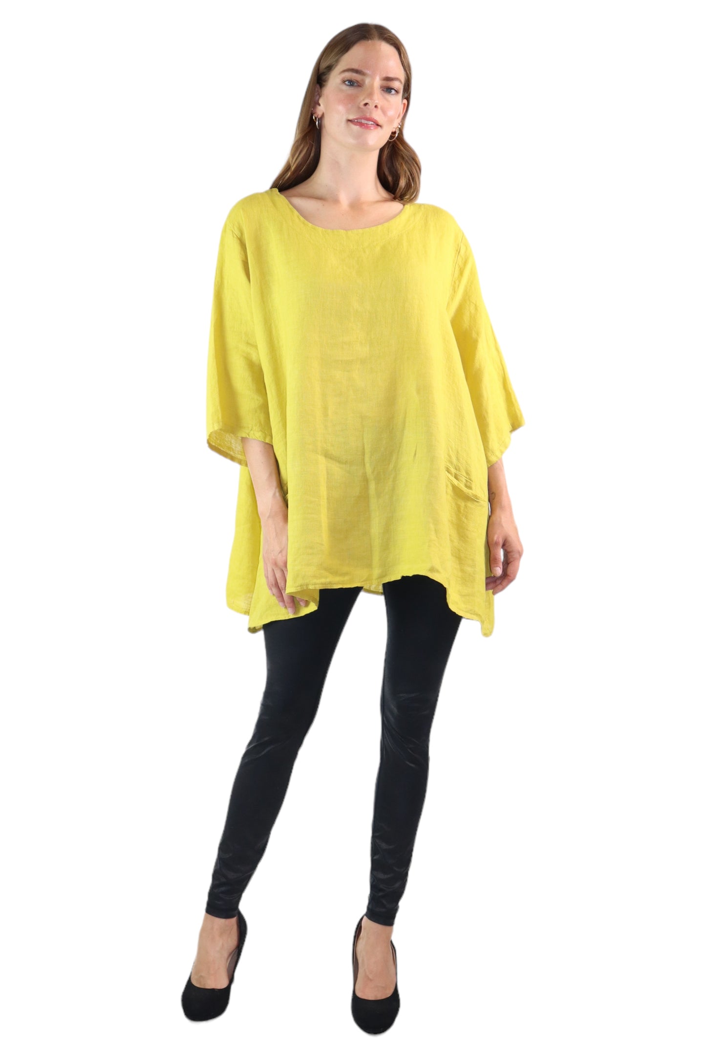 Womens 100% Linen Loose Fitting Bohemian Tunic Top with 3/4 Sleeves and Front Pockets | One Size Fits all (S-2X)