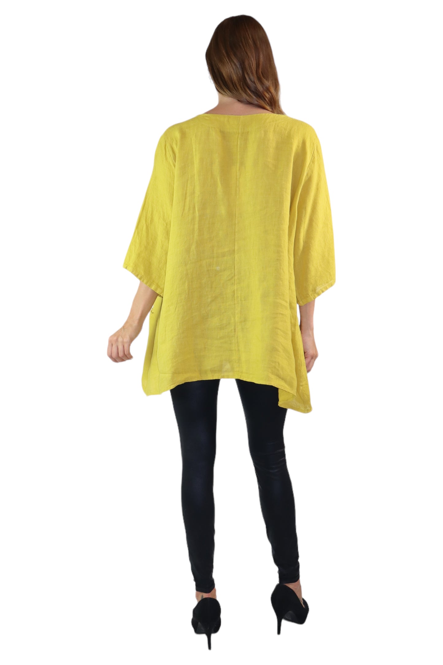 Womens 100% Linen Loose Fitting Bohemian Tunic Top with 3/4 Sleeves and Front Pockets | One Size Fits all (S-2X)