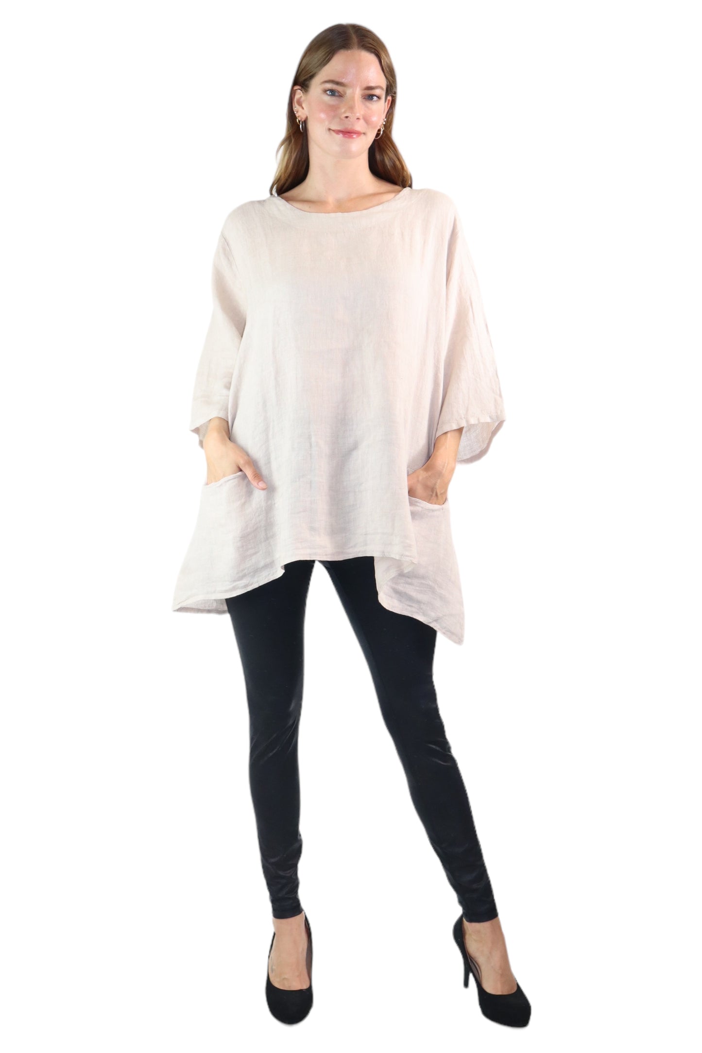 Womens 100% Linen Loose Fitting Bohemian Tunic Top with 3/4 Sleeves and Front Pockets | One Size Fits all (S-2X)