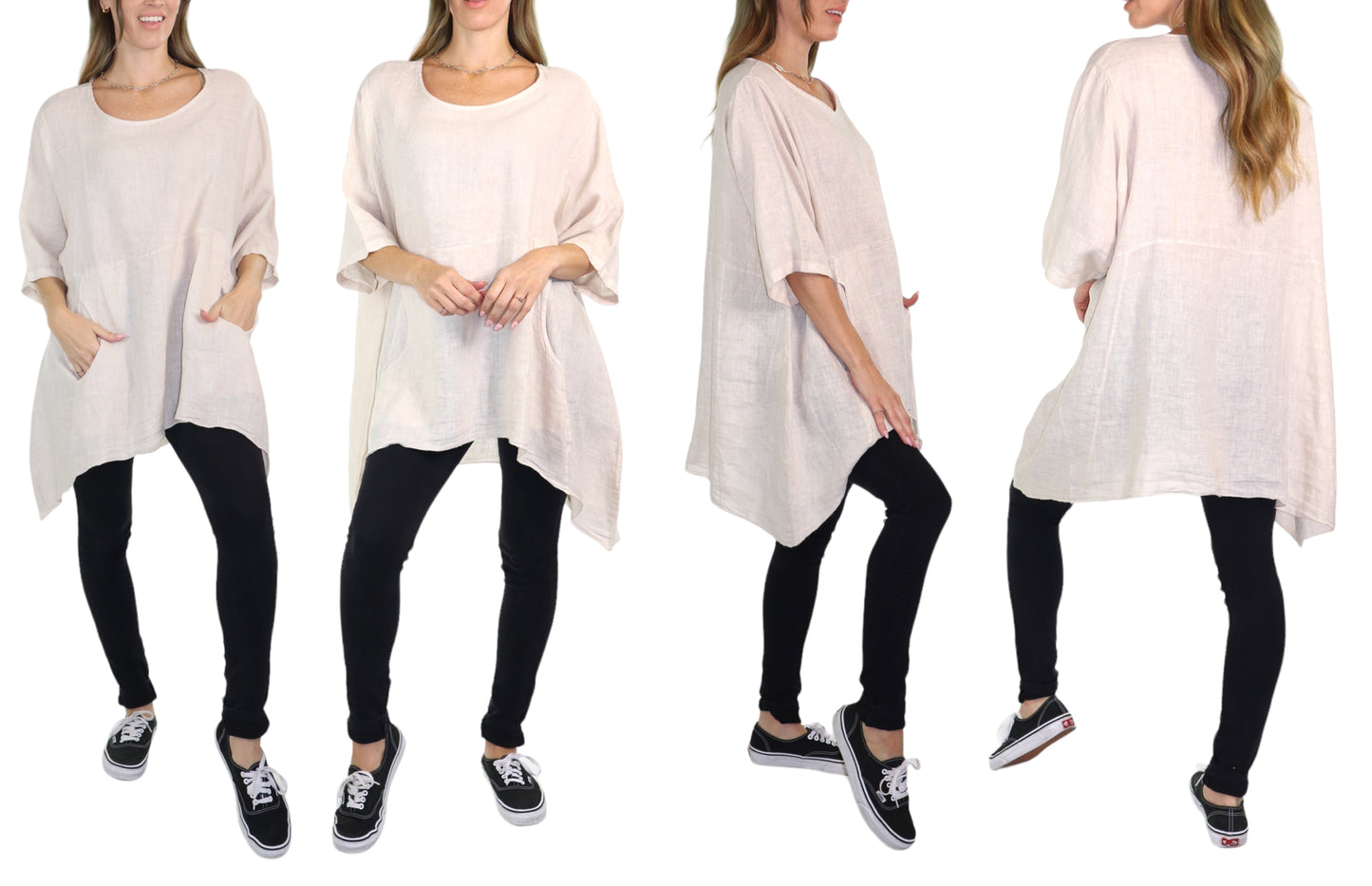 Linen Relaxed Fit Asymmetrical Hem Blouse Top with Front Pockets | One Size Fits All (Fits S-3X)