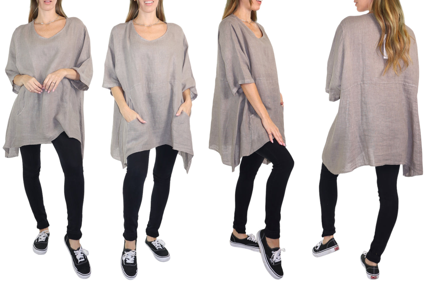 Linen Relaxed Fit Asymmetrical Hem Blouse Top with Front Pockets | One Size Fits All (Fits S-3X)