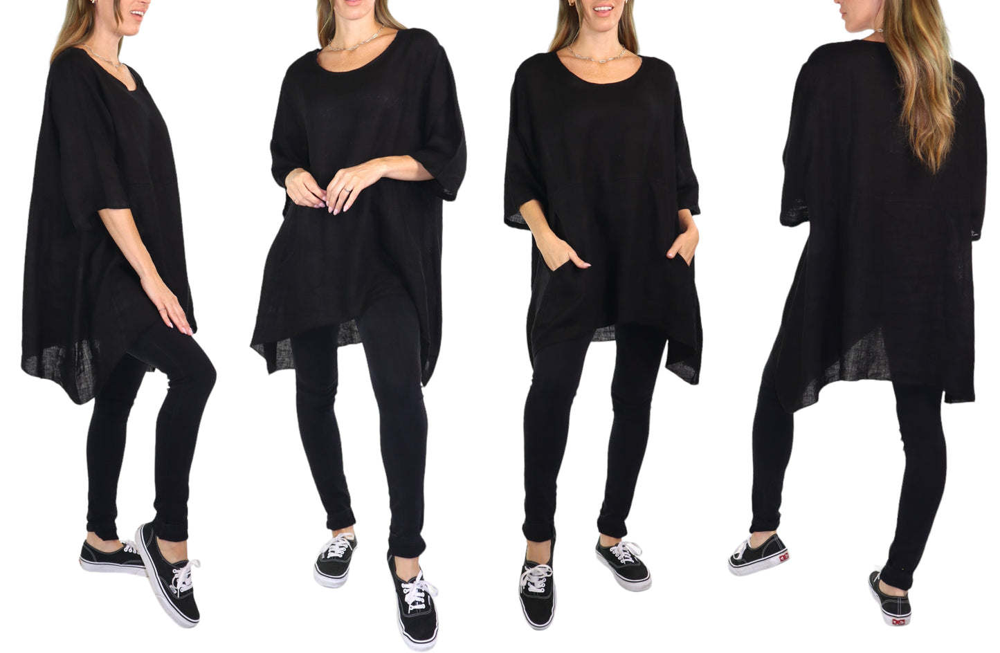 Linen Relaxed Fit Asymmetrical Hem Blouse Top with Front Pockets | One Size Fits All (Fits S-3X)