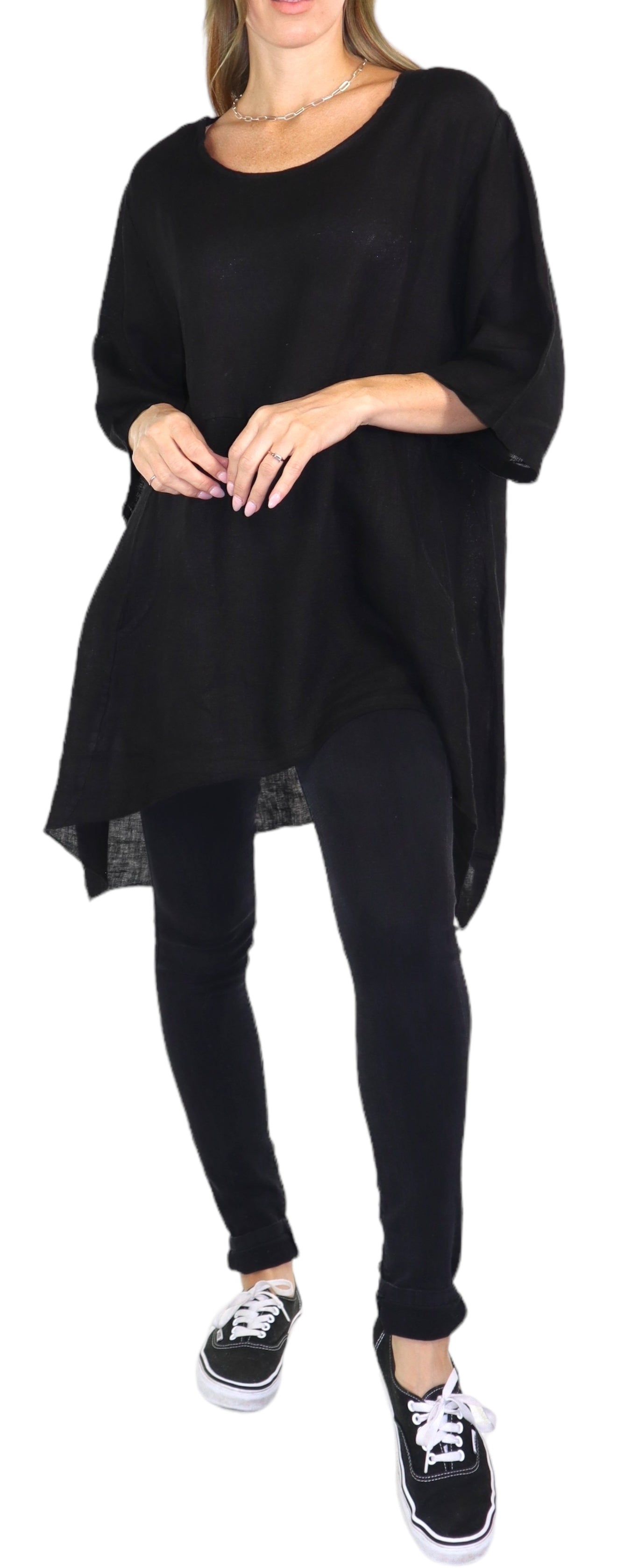 Linen Relaxed Fit Asymmetrical Hem Blouse Top with Front Pockets | One Size Fits All (Fits S-3X)