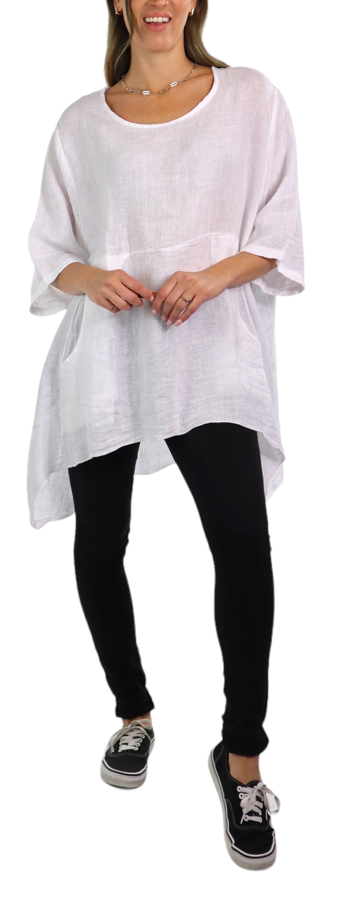 Linen Relaxed Fit Asymmetrical Hem Blouse Top with Front Pockets | One Size Fits All (Fits S-3X)