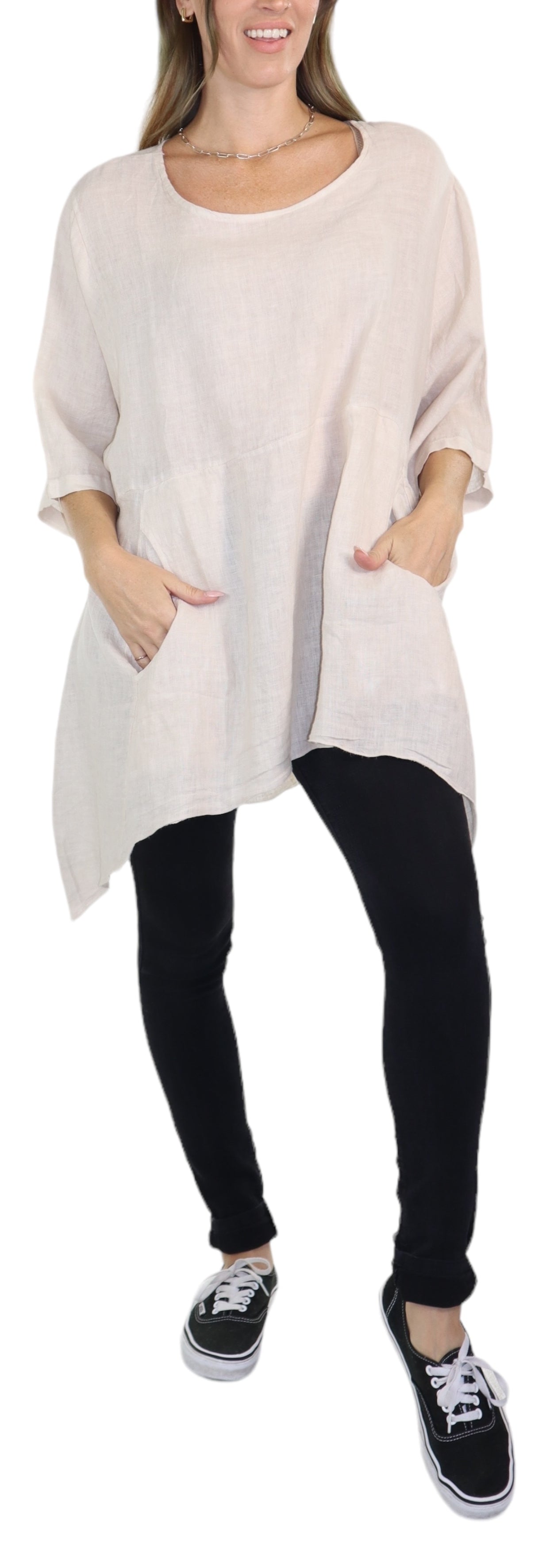 Linen Relaxed Fit Asymmetrical Hem Blouse Top with Front Pockets | One Size Fits All (Fits S-3X)