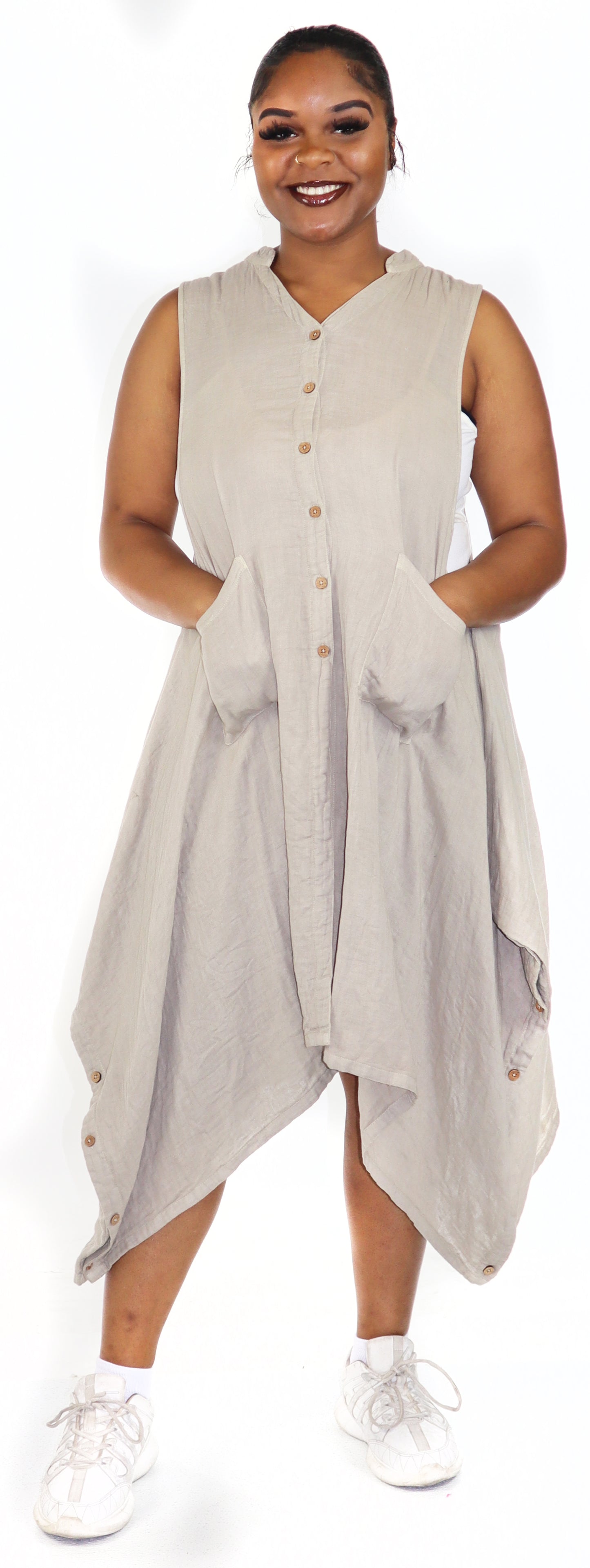 Women Boho Linen Sleeveless Button Down Midi Dress Top, Romper w/ Front Pockets, Reg and Plus Sizes