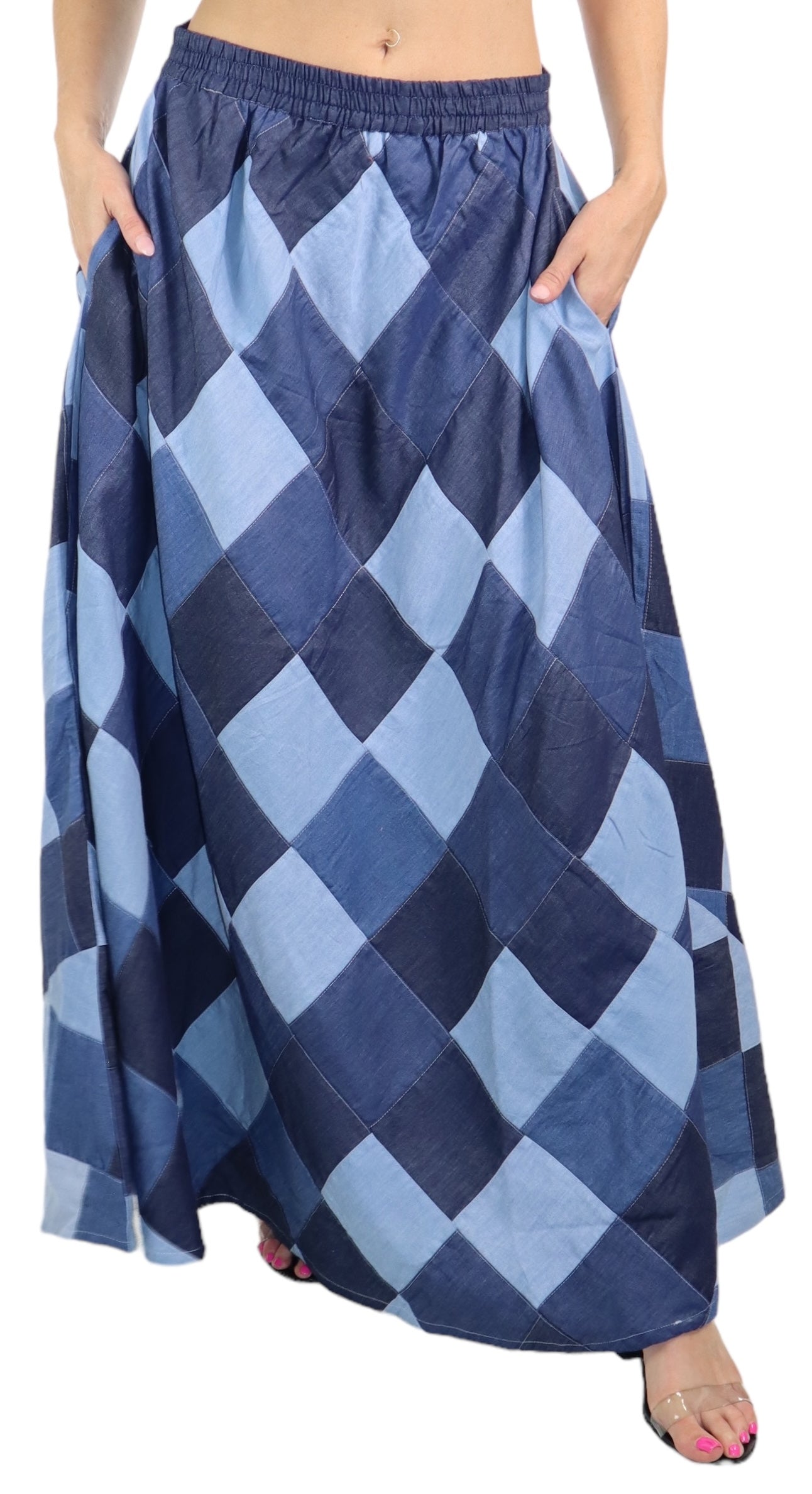 Denim Checkered A line Bohemian Flared Skirt with Elastic Waist