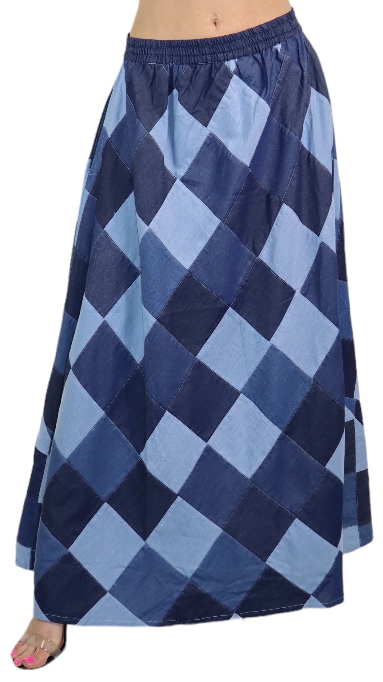 Denim Checkered A line Bohemian Flared Skirt with Elastic Waist